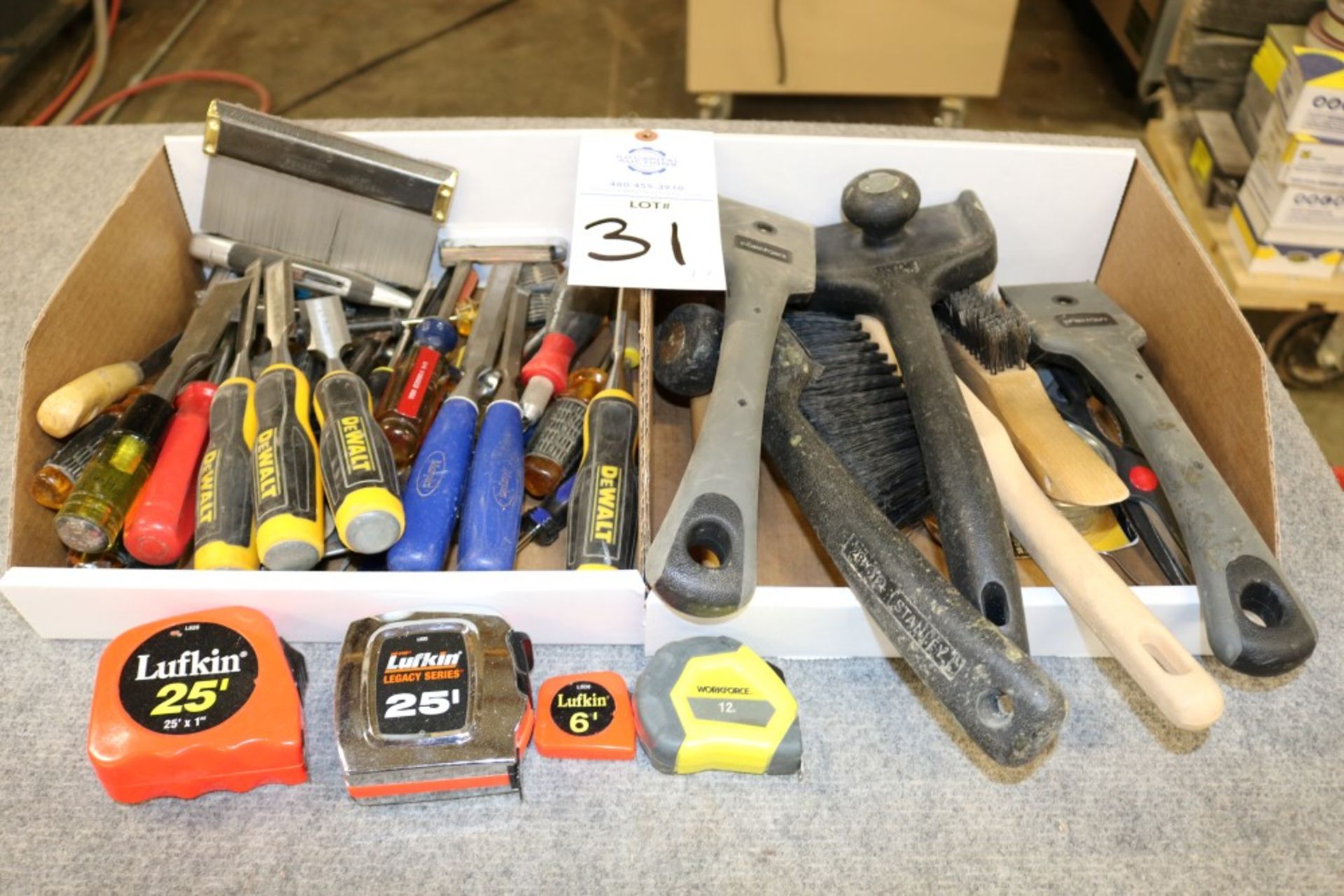 2 Boxes fo Various Tools, Chisels, Screw Drivers, Flatheads, Tape Measurers, Box Cutters, - Image 8 of 9