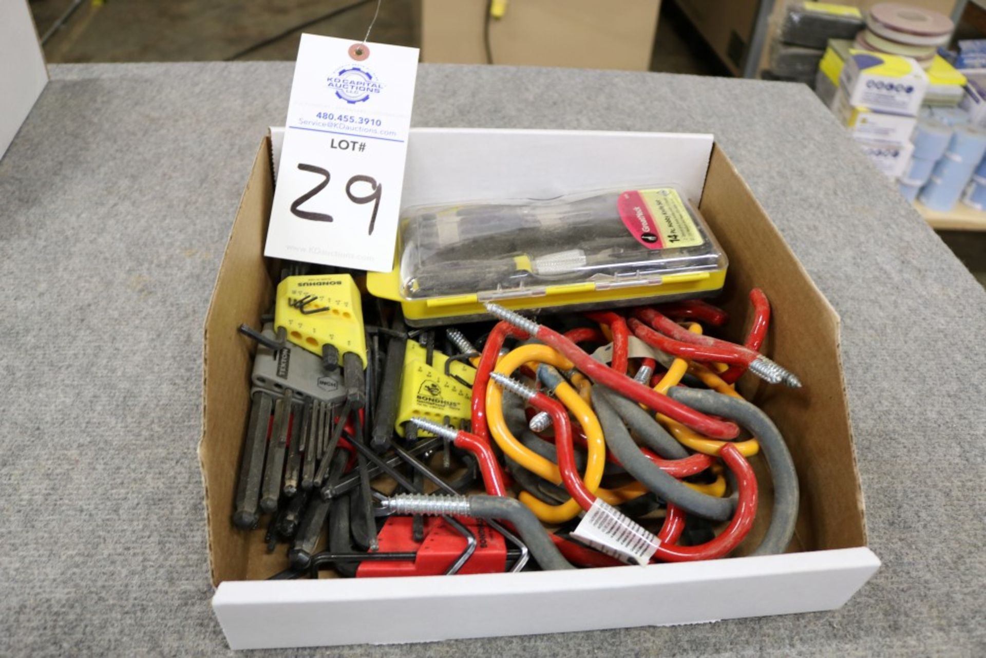 Box of Allen Keys, Shop Hooks, Crescent Wrench and Exacto Knife Kit - Image 5 of 6