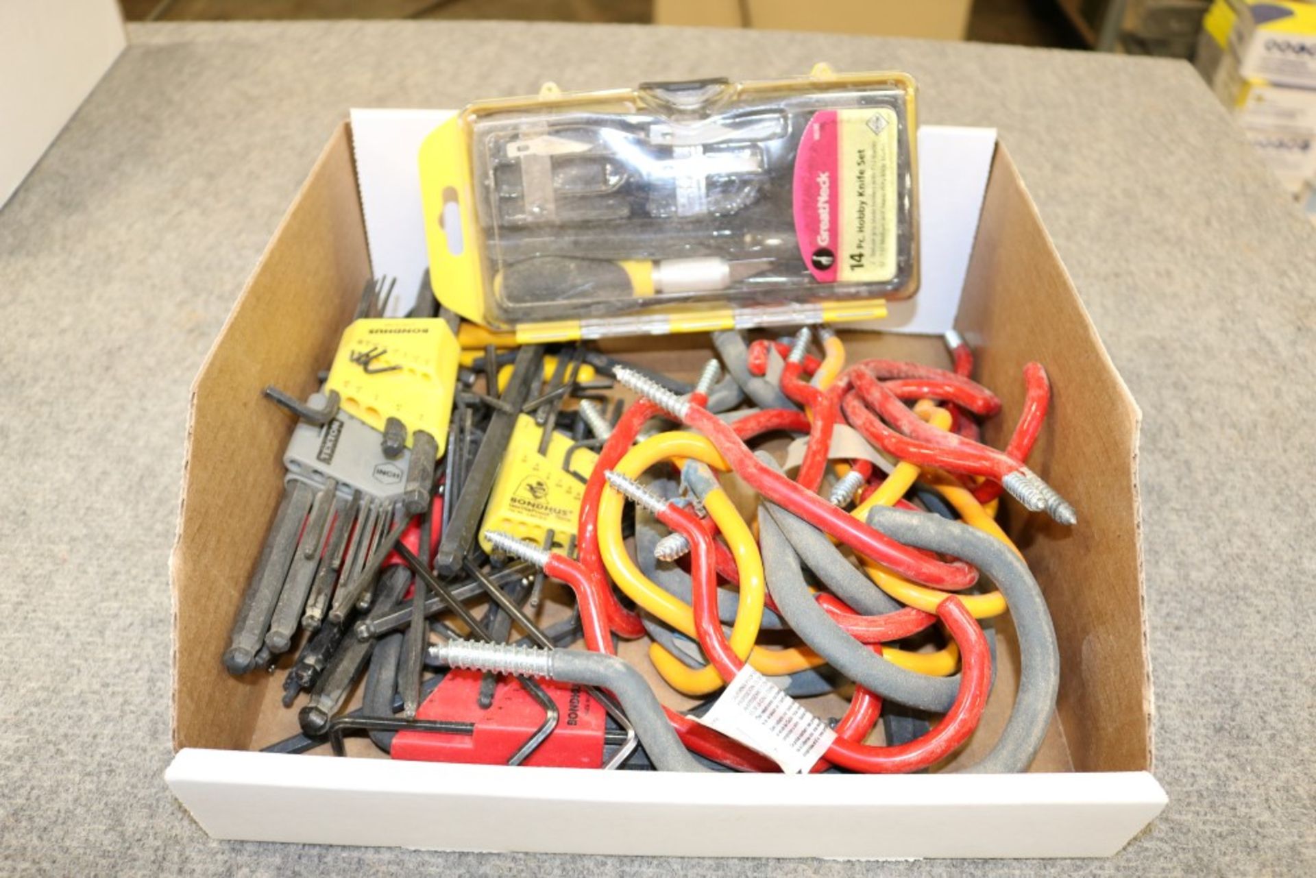 Box of Allen Keys, Shop Hooks, Crescent Wrench and Exacto Knife Kit