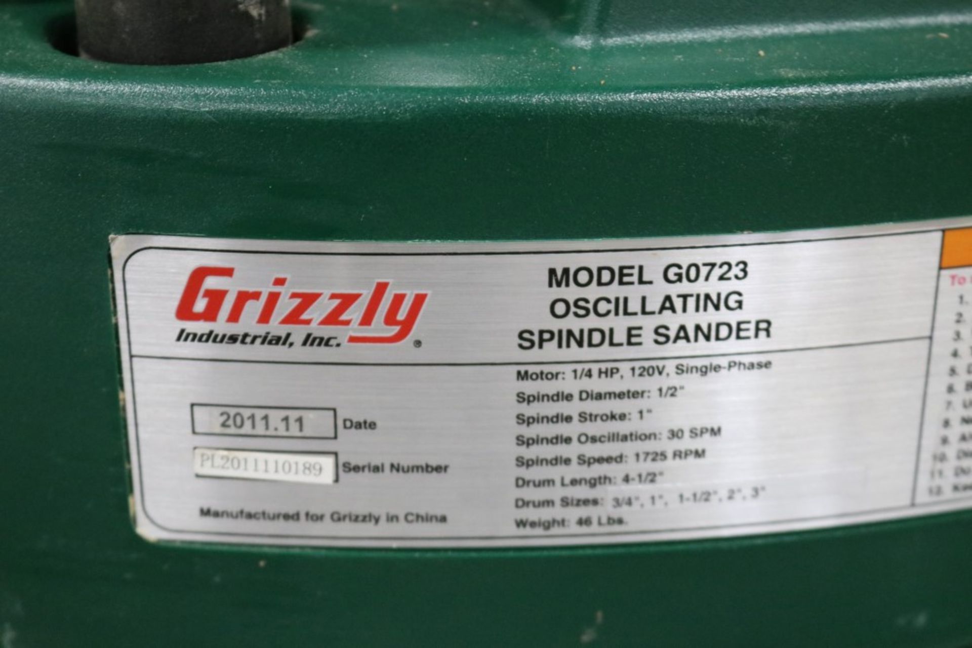 2011 Grizzly Oscillating Spindle Sander, Model G0723, 1/4 HP, 3/4" - 3" Drum Sizes, 1/2 Spindle - Image 2 of 8