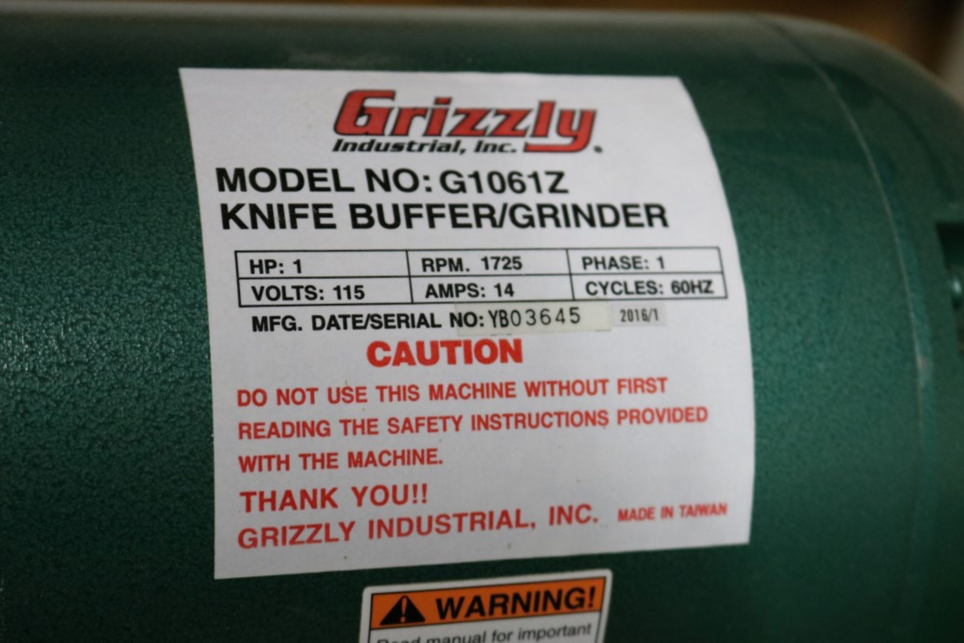 2016 Grizzly G10612 Knife Buffer/Grinder, 1 HP, 1725 RPM, SN: YB03645 - Image 4 of 8