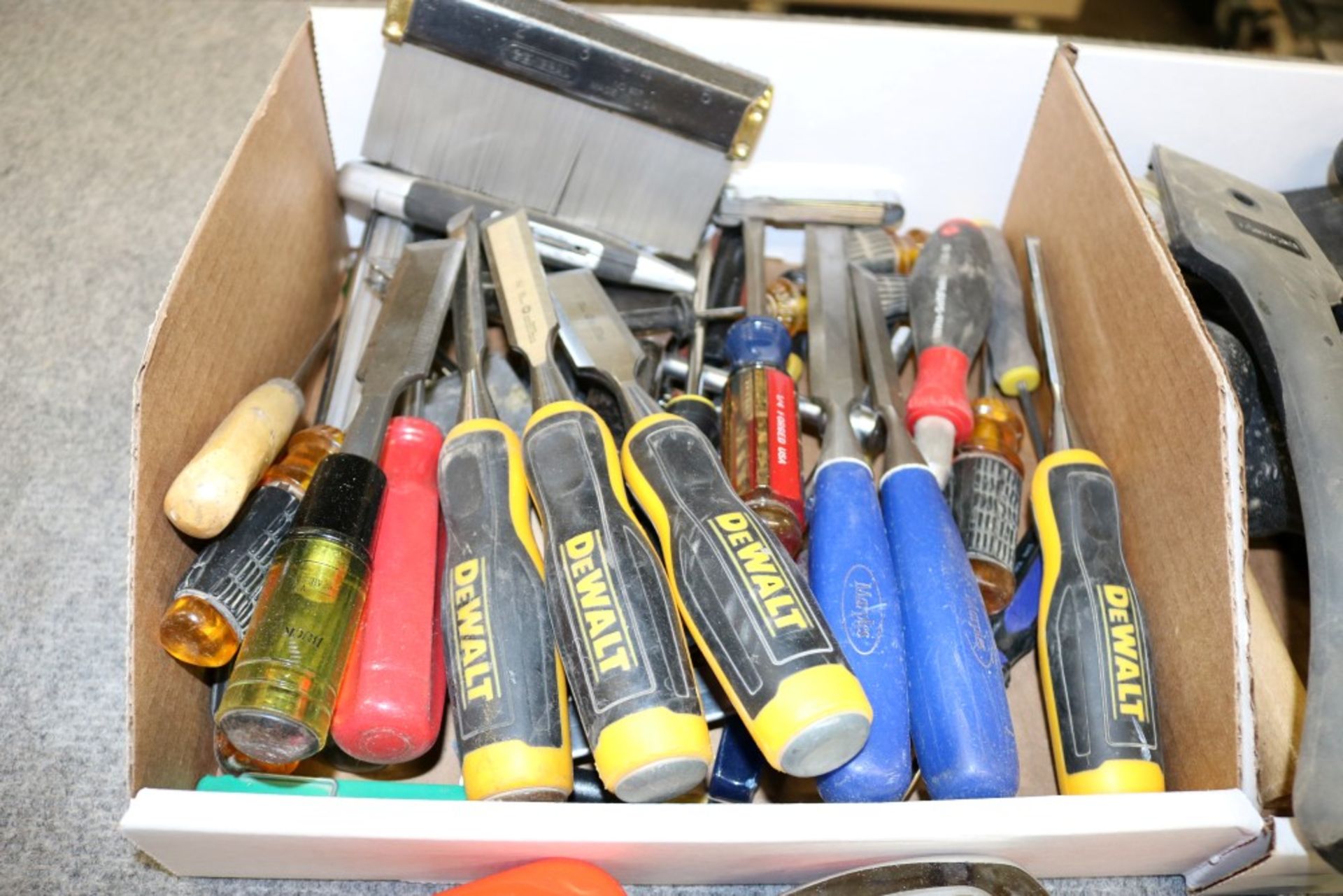 2 Boxes fo Various Tools, Chisels, Screw Drivers, Flatheads, Tape Measurers, Box Cutters, - Image 7 of 9