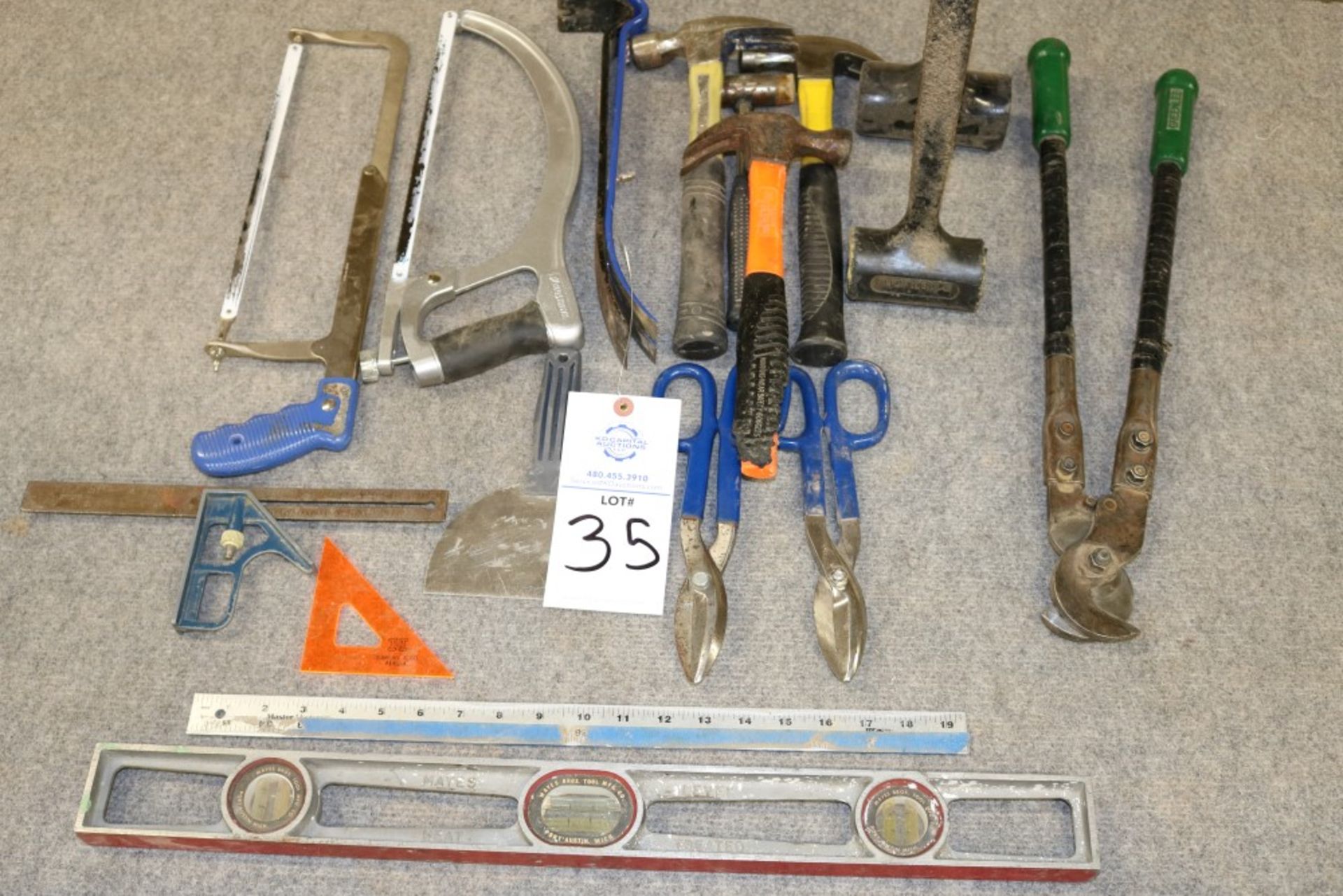 Large Lot of Hammers, Hack Saws, Bolt Cutter, Crow Bar, Level and Large Tin Snips - Image 6 of 6