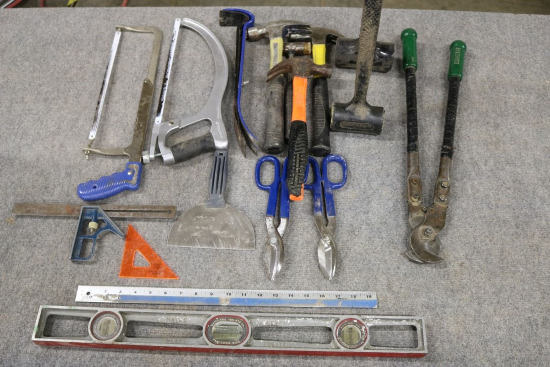 Large Lot of Hammers, Hack Saws, Bolt Cutter, Crow Bar, Level and Large Tin Snips