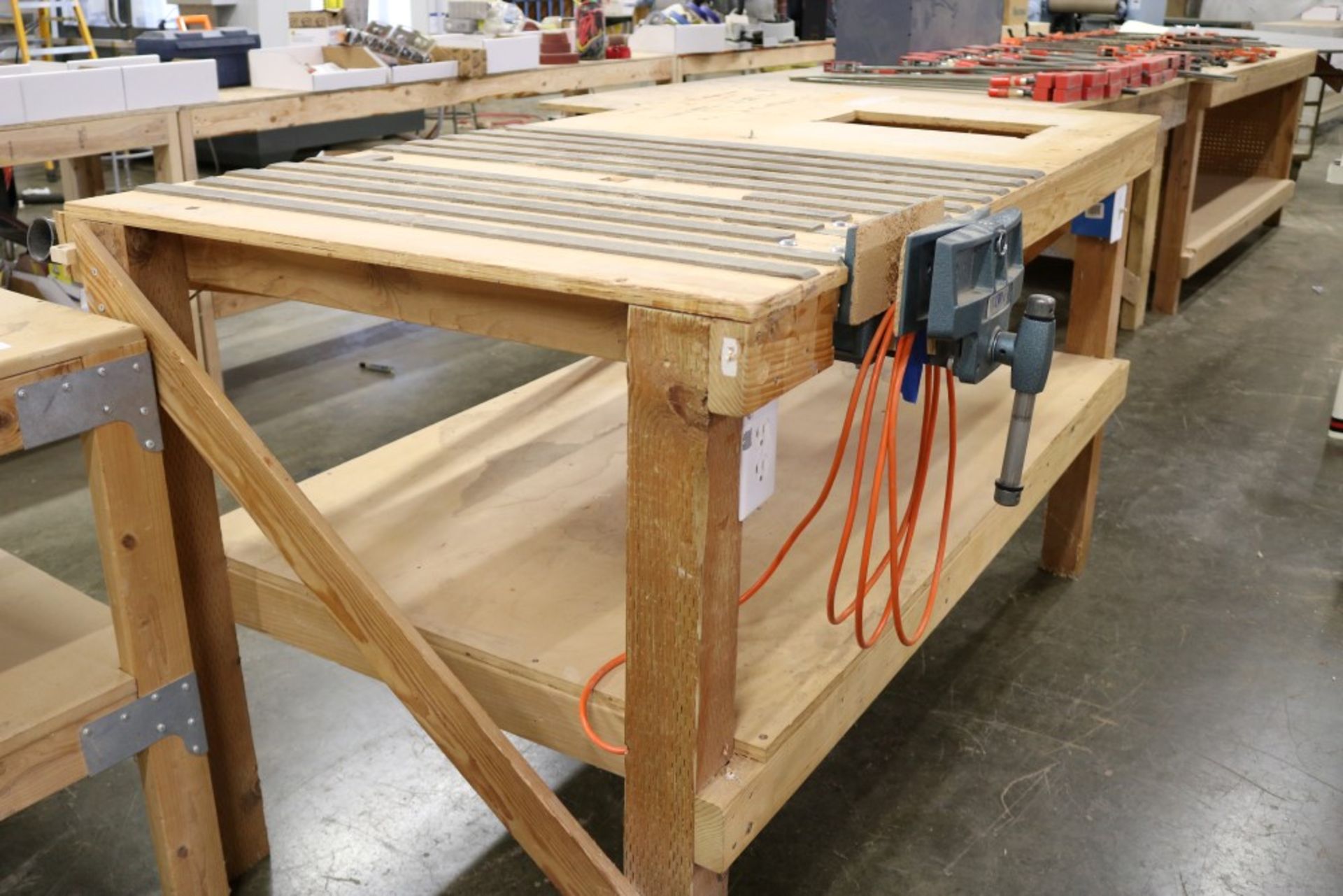 2 Tier Heavy Duty Wood Work Station with Electrical Outlets and Wilton 10" Vise 72" x 39" x 41" - Image 5 of 7