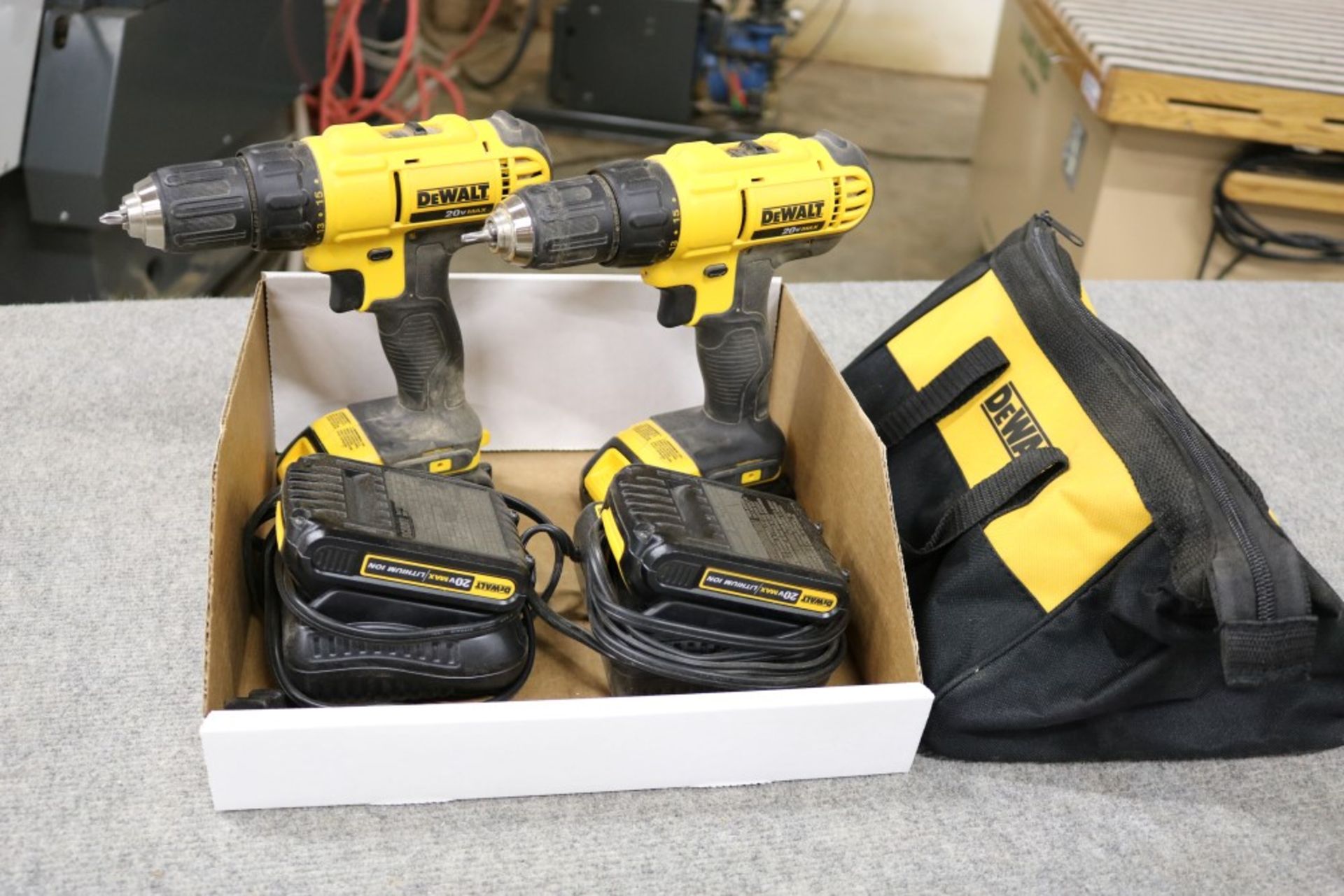 (2) DeWalt 20v Max Lithium Ion Drills with 2 Extra Batteries with Chargers and Bag