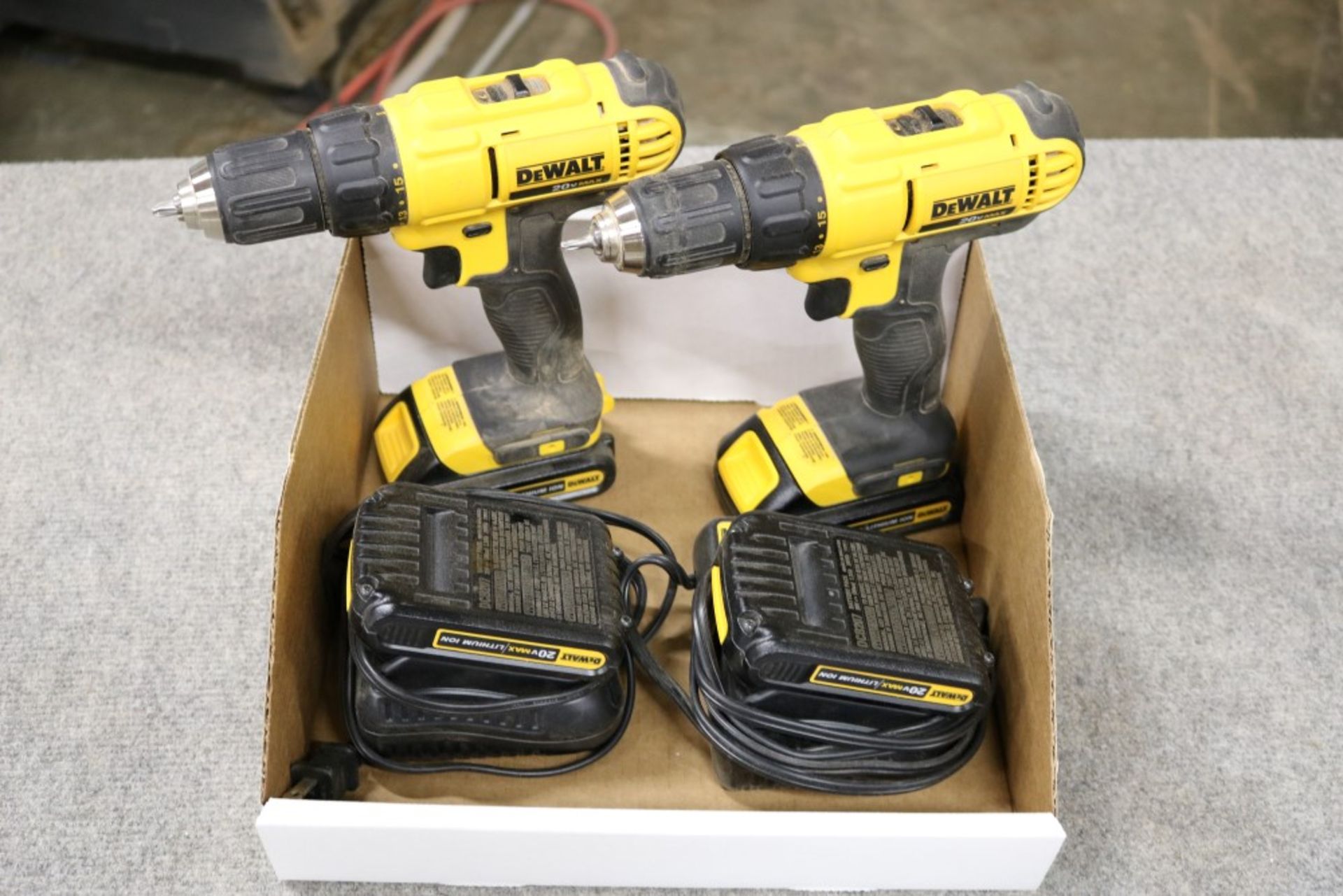 (2) DeWalt 20v Max Lithium Ion Drills with 2 Extra Batteries with Chargers and Bag - Image 3 of 8