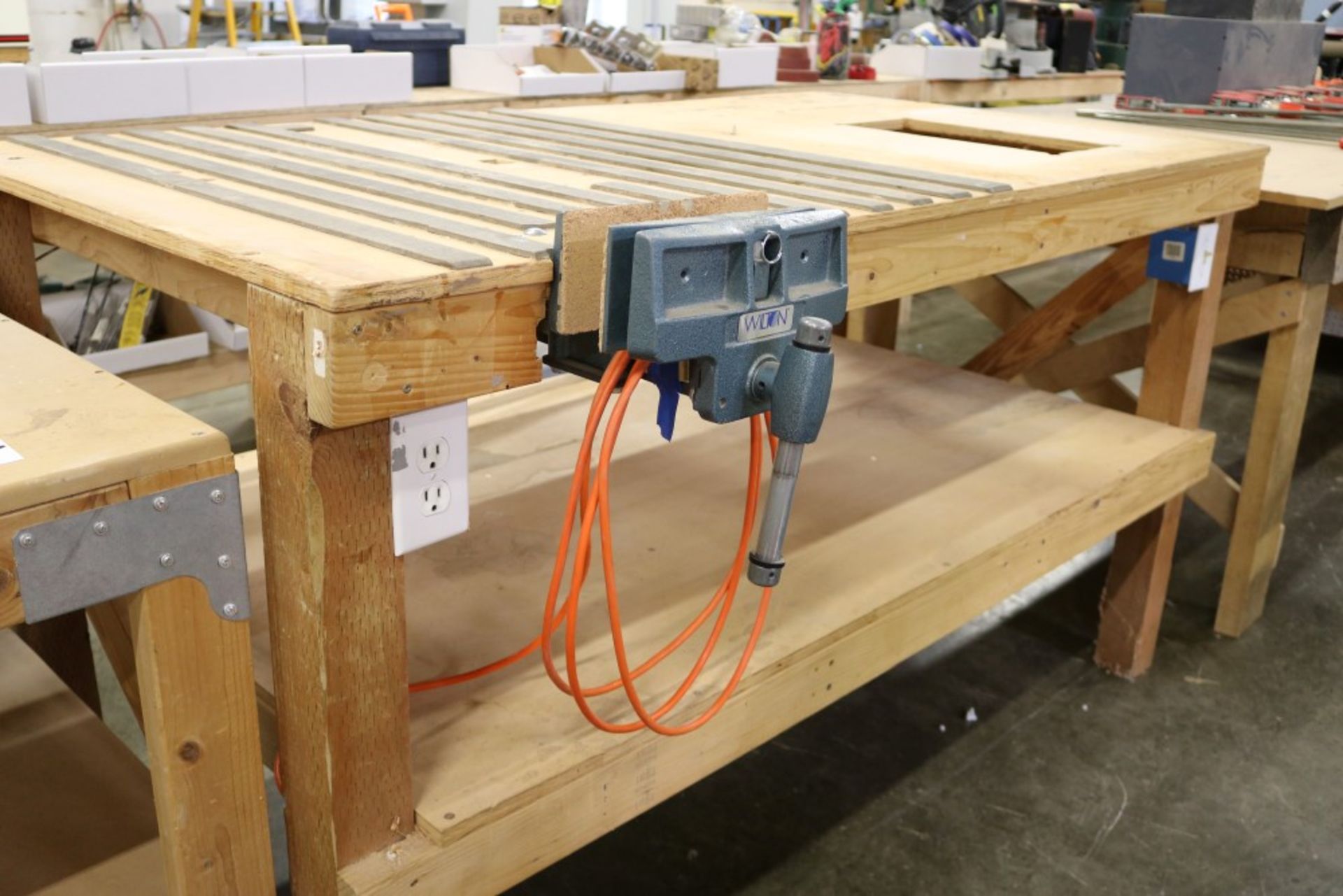 2 Tier Heavy Duty Wood Work Station with Electrical Outlets and Wilton 10" Vise 72" x 39" x 41" - Image 4 of 7