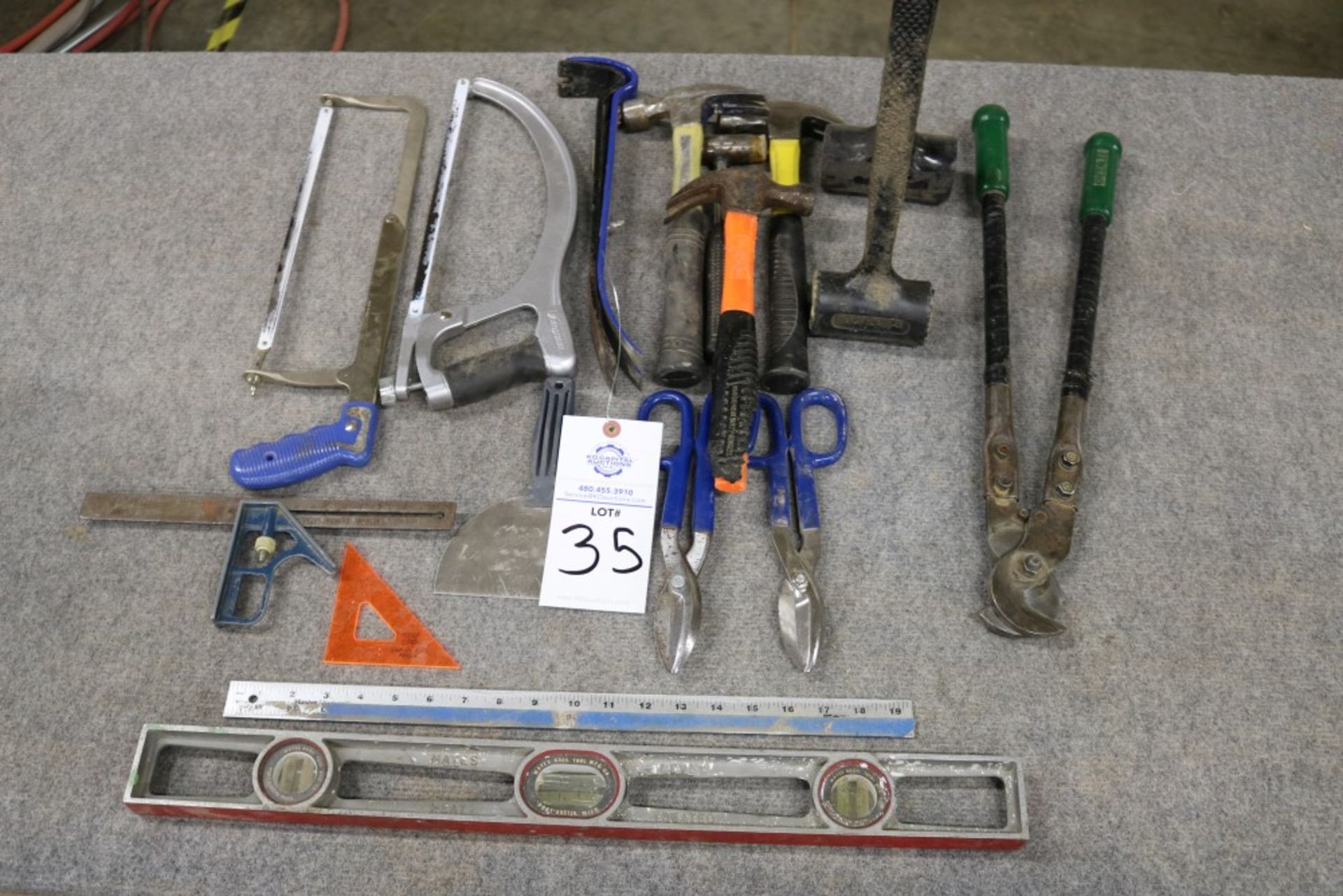 Large Lot of Hammers, Hack Saws, Bolt Cutter, Crow Bar, Level and Large Tin Snips - Image 5 of 6