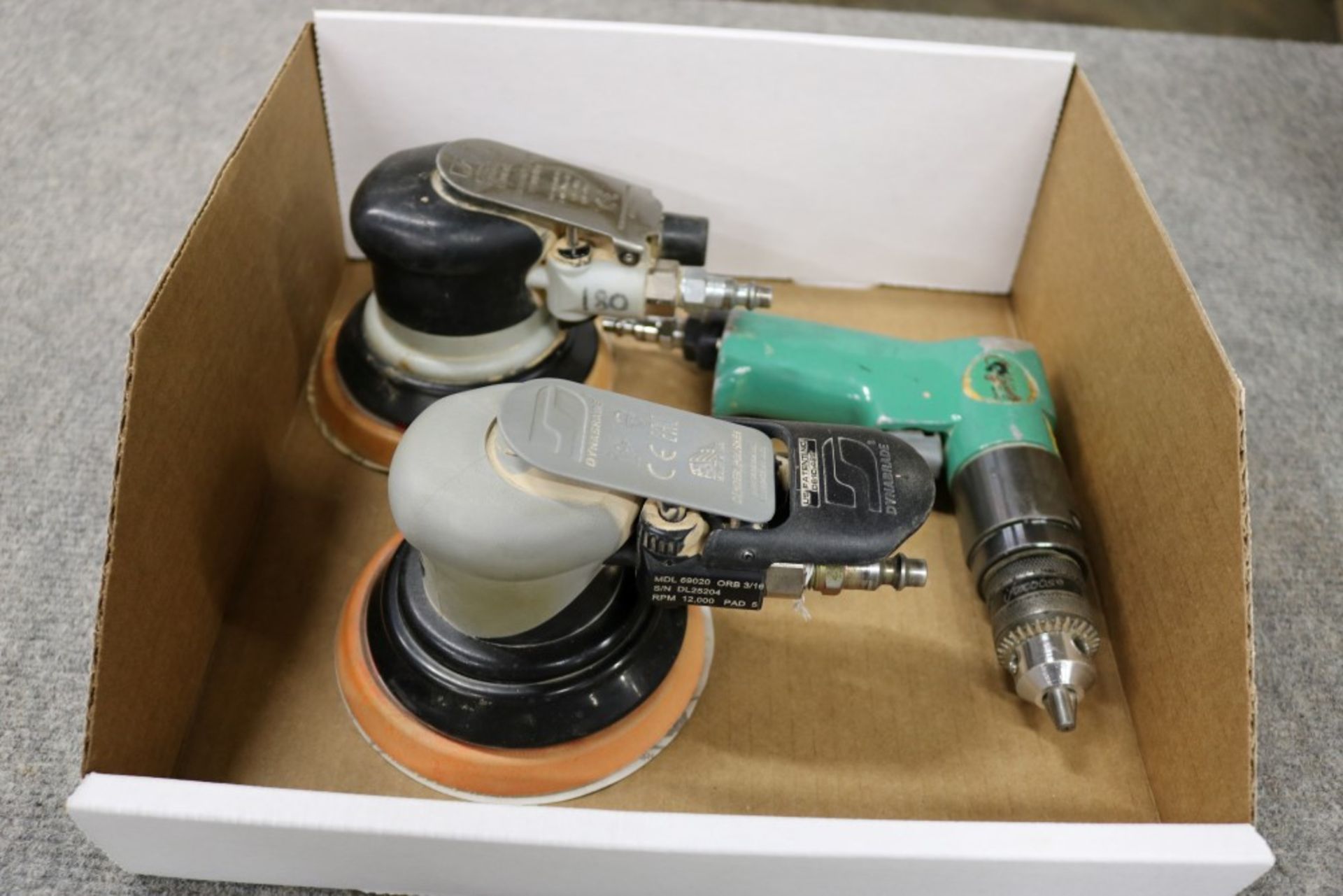 Grizzly Pneumatic Drill, Dynabrade Dynorbital Sander 12,000 RPM, and Dynabrade Orbital Sander/