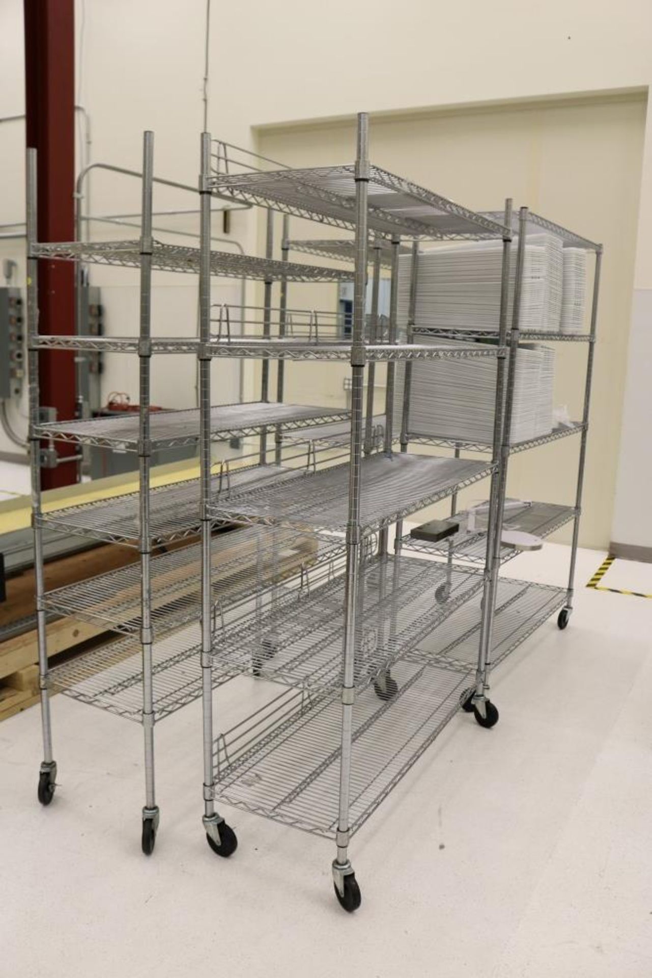 (3) 5 tier and (1) 6 tier Rolling Parts Racks 18" x 48" x 77" (Racks ONLY)