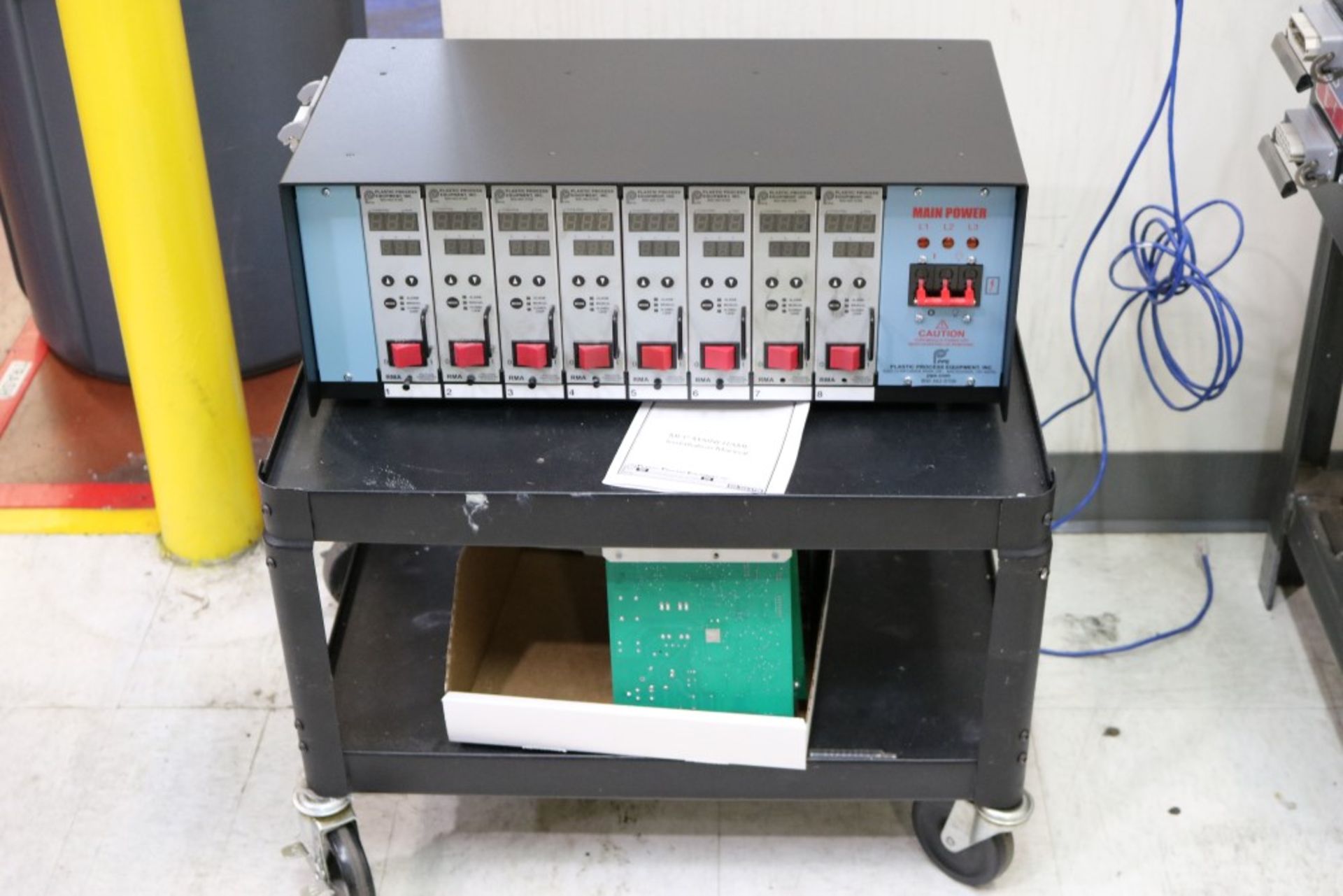 8 Zone Plastic Process Equipment Hot Runner Controller w/ Spare Boards on Metal Rolling Cart