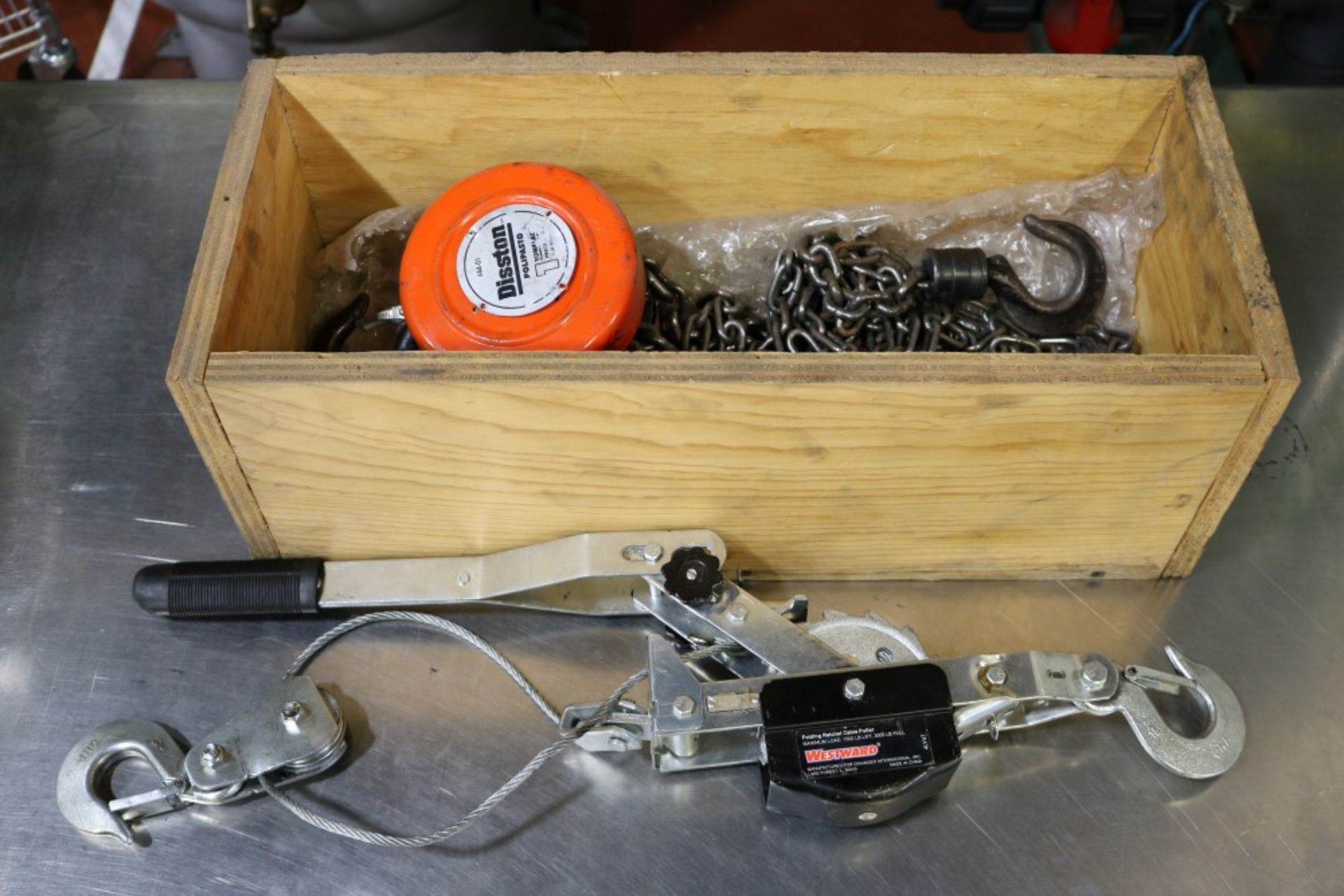 (1) Diston Polipasto 1 Ton Chain Hoist / (1) Westward Ratchet Cable Puller 1,500 lb. Lift, 3,000 lb. - Image 2 of 6