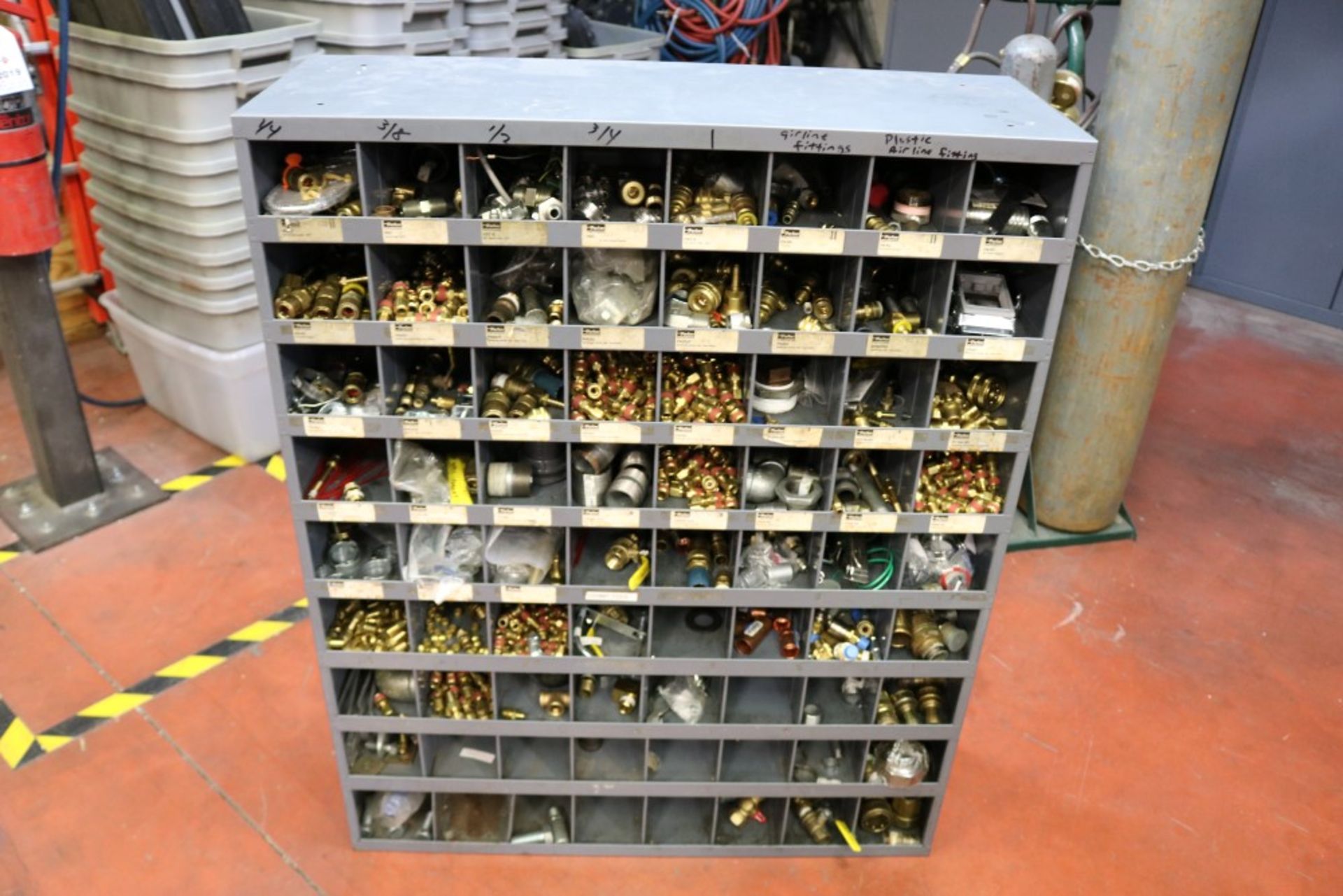 Large Metal Storage Bin 12" x 34" x 42" - 72 bins full of Various Water and Air Fittings