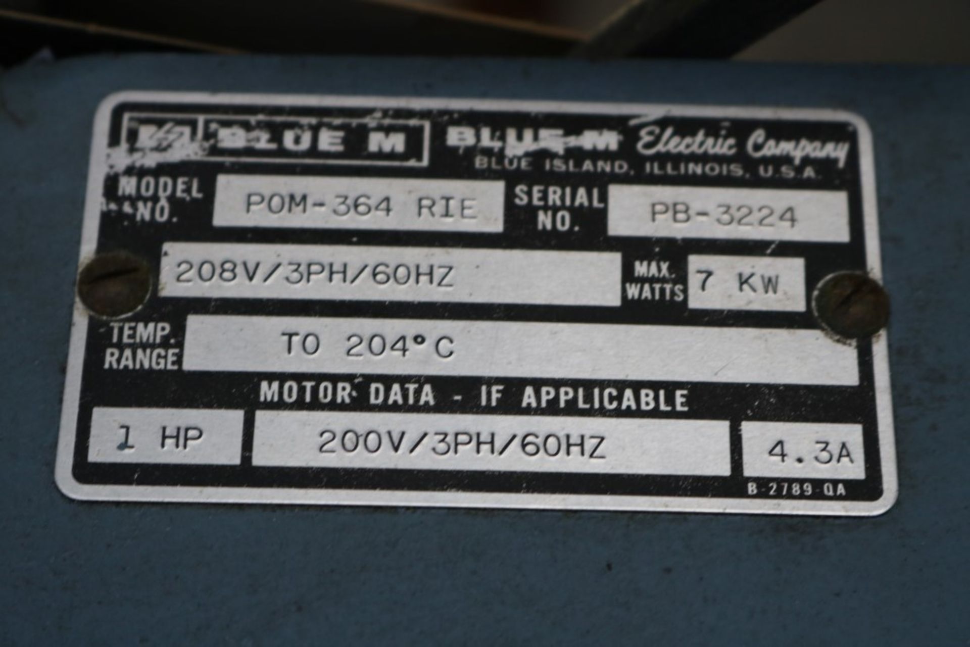 Blue M Industrial Oven, Model POM-364-RIE, Temp Range to 204 Degree Celsius, 11HP, 3' x 3' x 4' - Image 8 of 9