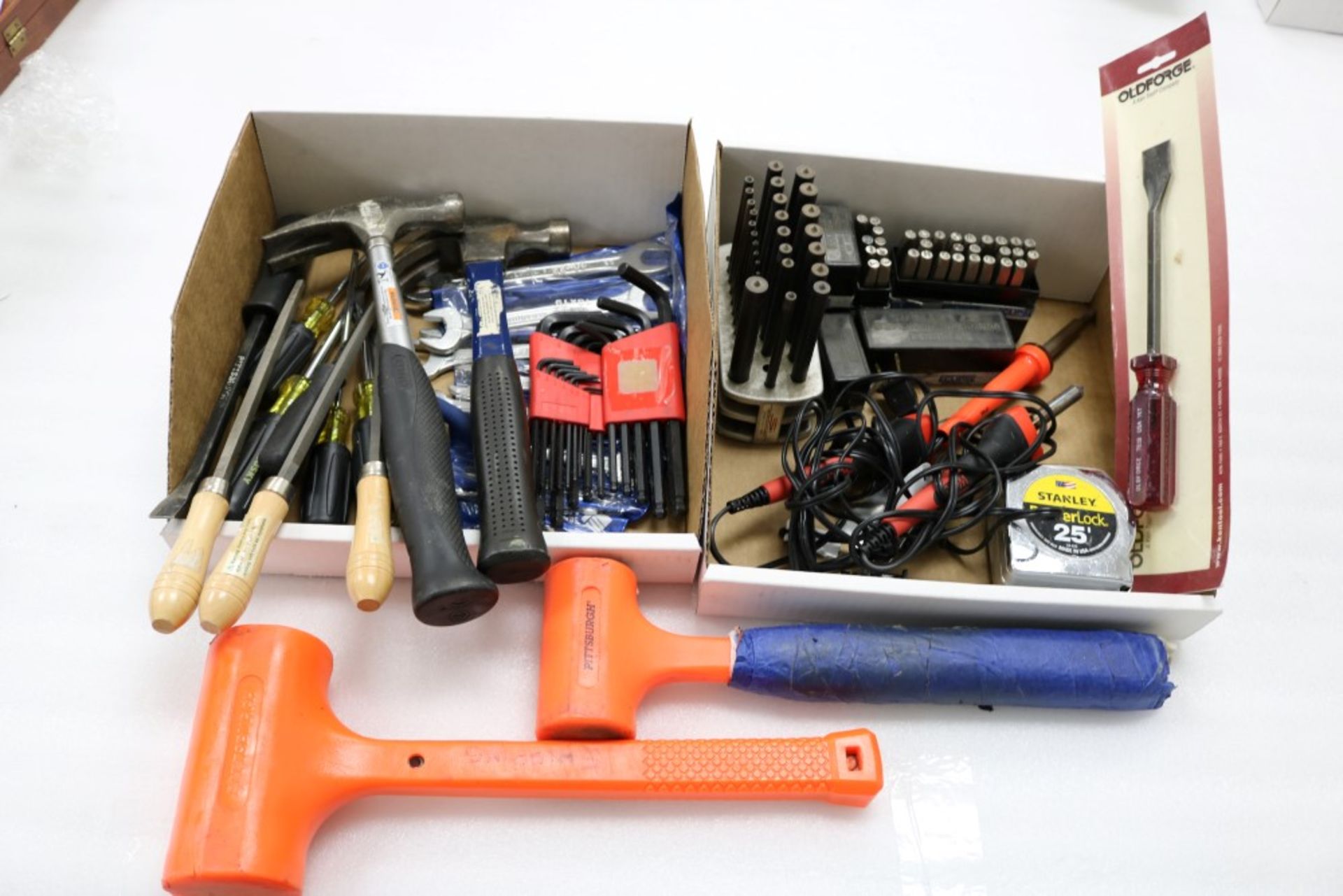 Box of Hammers, Wrenches, Allen Keys, Flat Heads and Screw Drivers. Letter and Number Marking