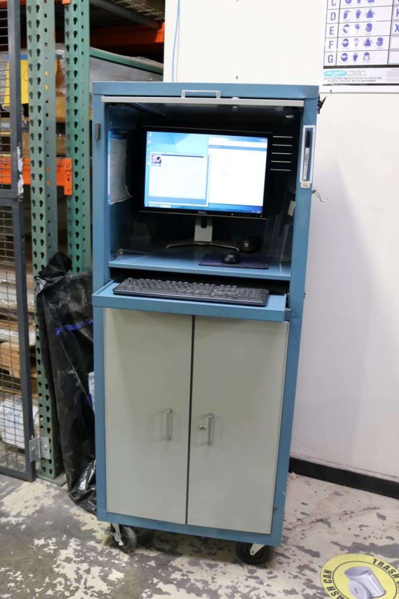 Rolling Blue Computer Cabinet with Monitor Keyboard and Mouse