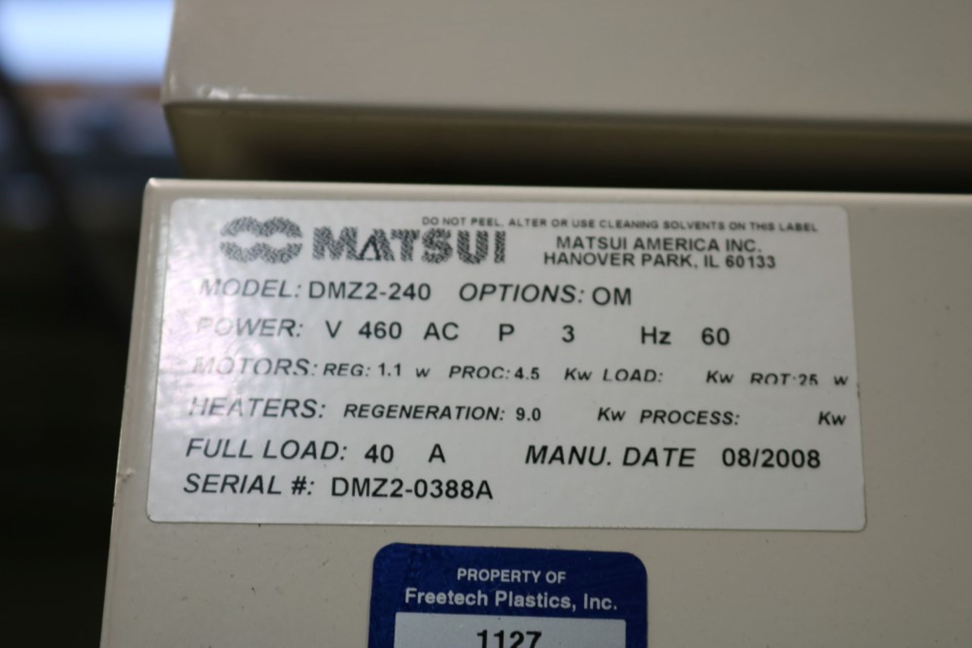2008 Matsui Model DMZ2-240, 165 CFM, 660LB Hopper, Zeolite Rotor Absorbent, 25 W Motor, Control is - Image 2 of 7