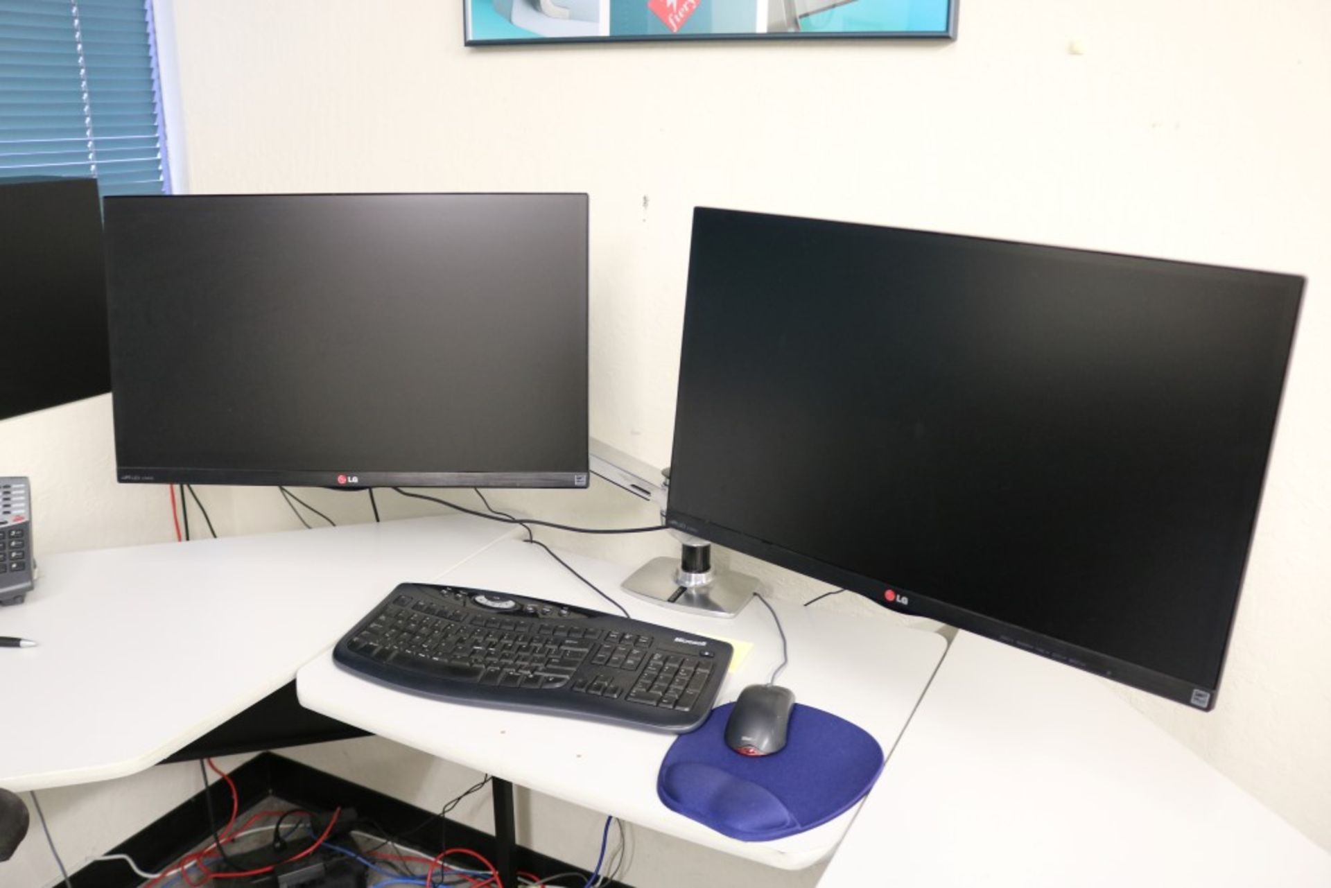 (2) LG IPSLED 27MP65 Monitors, With Dual Arm Articulating Ergotron Stand, Keyboard, Mourse and APC