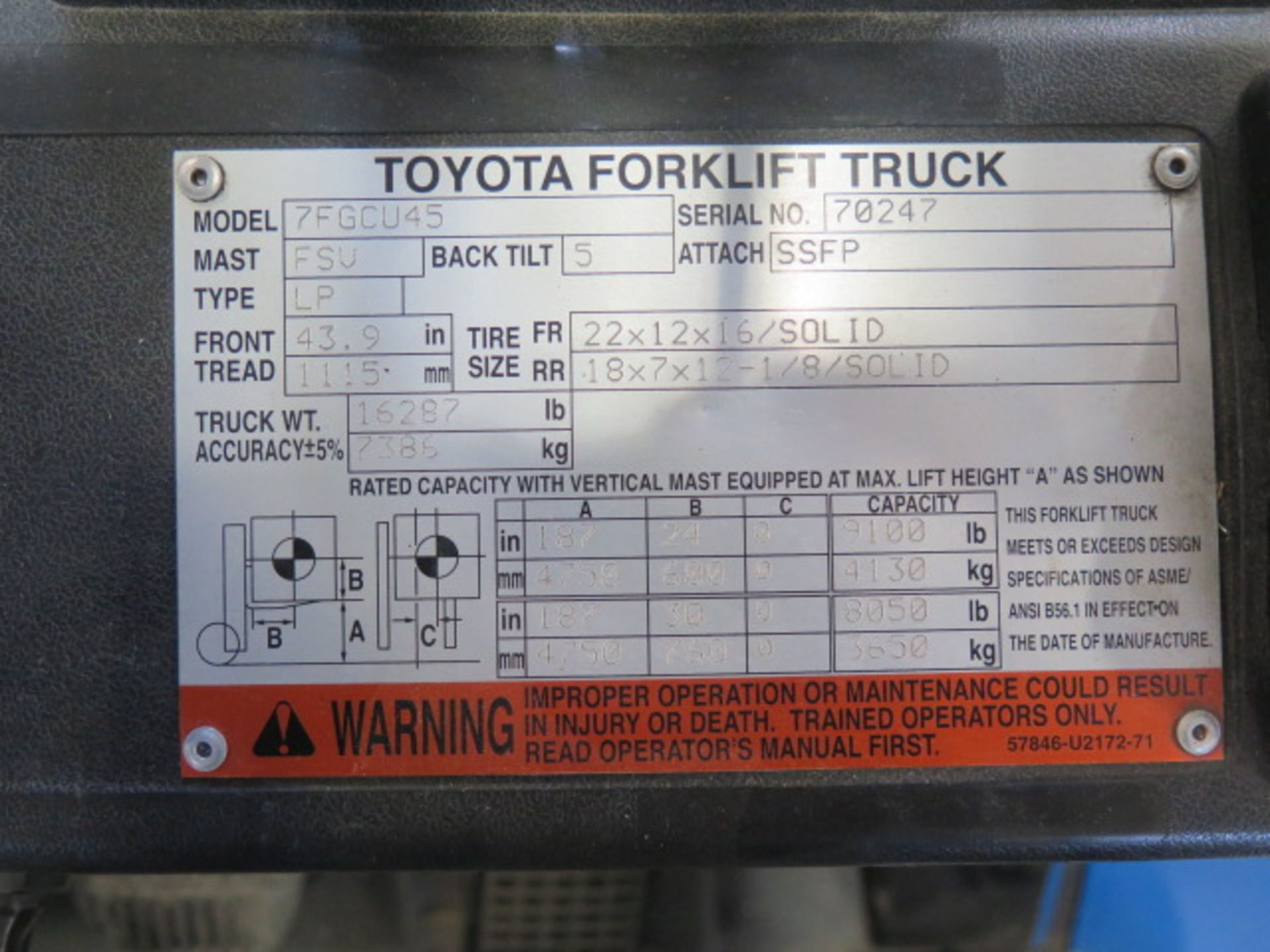 Toyota 7FGCU45 10,000 Lb Cap LPG Forklift s/n 70247 w/ 3-Stage Mast, 187” Lift height, Side Shift, - Image 13 of 13