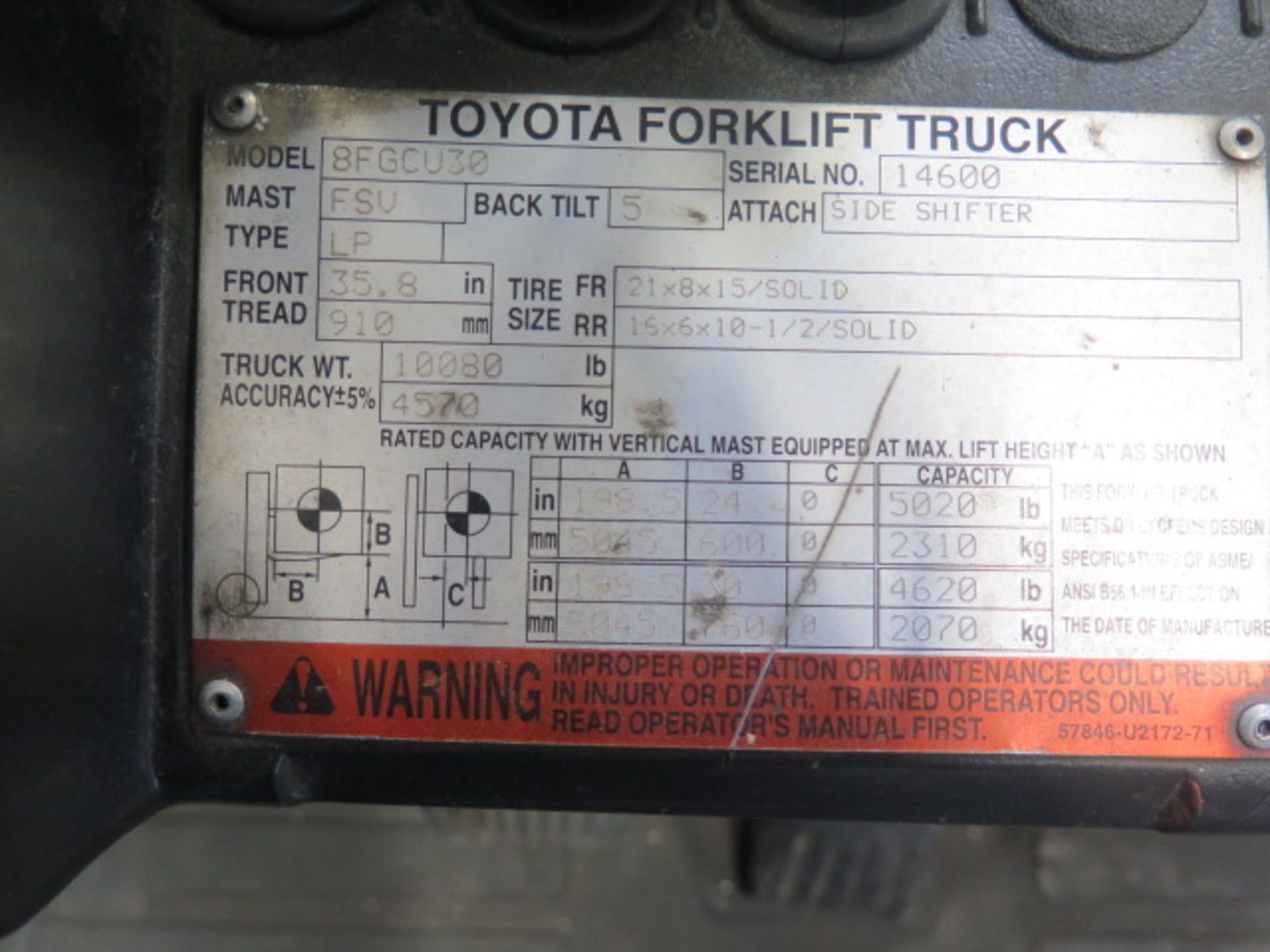 Toyota 8FGCU30 5000 Lb Cap LPG Forklift s/n 14600 w/ 3-Stage Mast, 198” Lioft Height, Side Shift, - Image 9 of 9