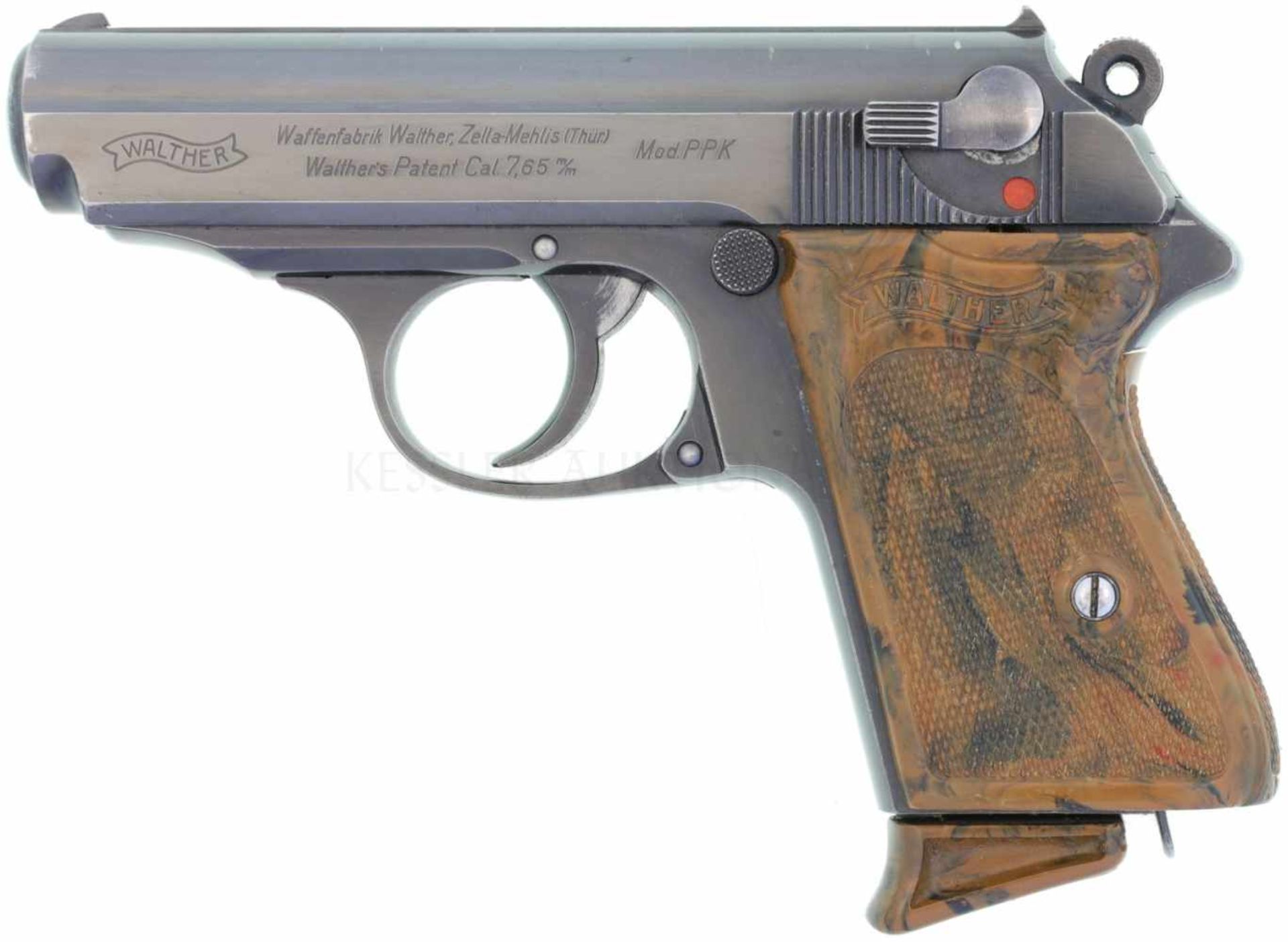 Pistole, Walther PPK, Zella Mehlis, Kal. 7.65mm LL 84mm, brünierte Ganzstahlwaffe mit DA-Abzug und
