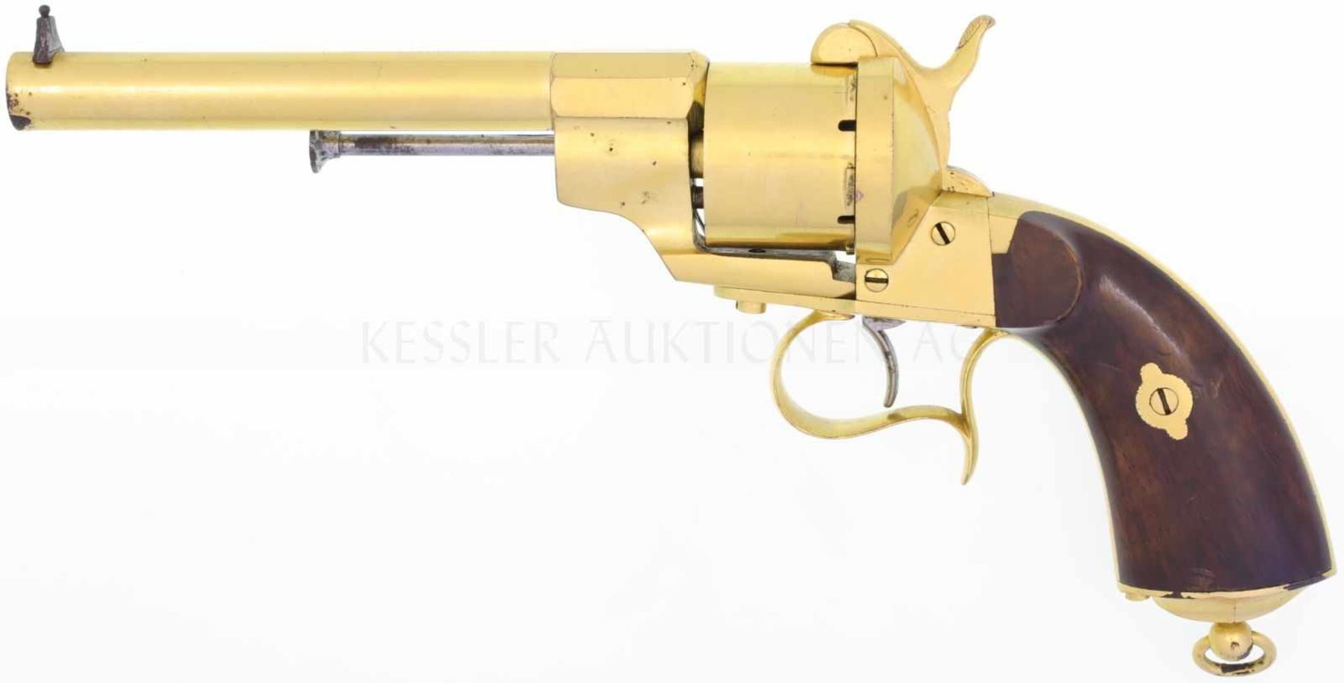 Revolver Lefaucheux, wie Versuch zu Ord.-Mod. 1858 der franz. Kriegsmarine, vergoldet, Kal.
