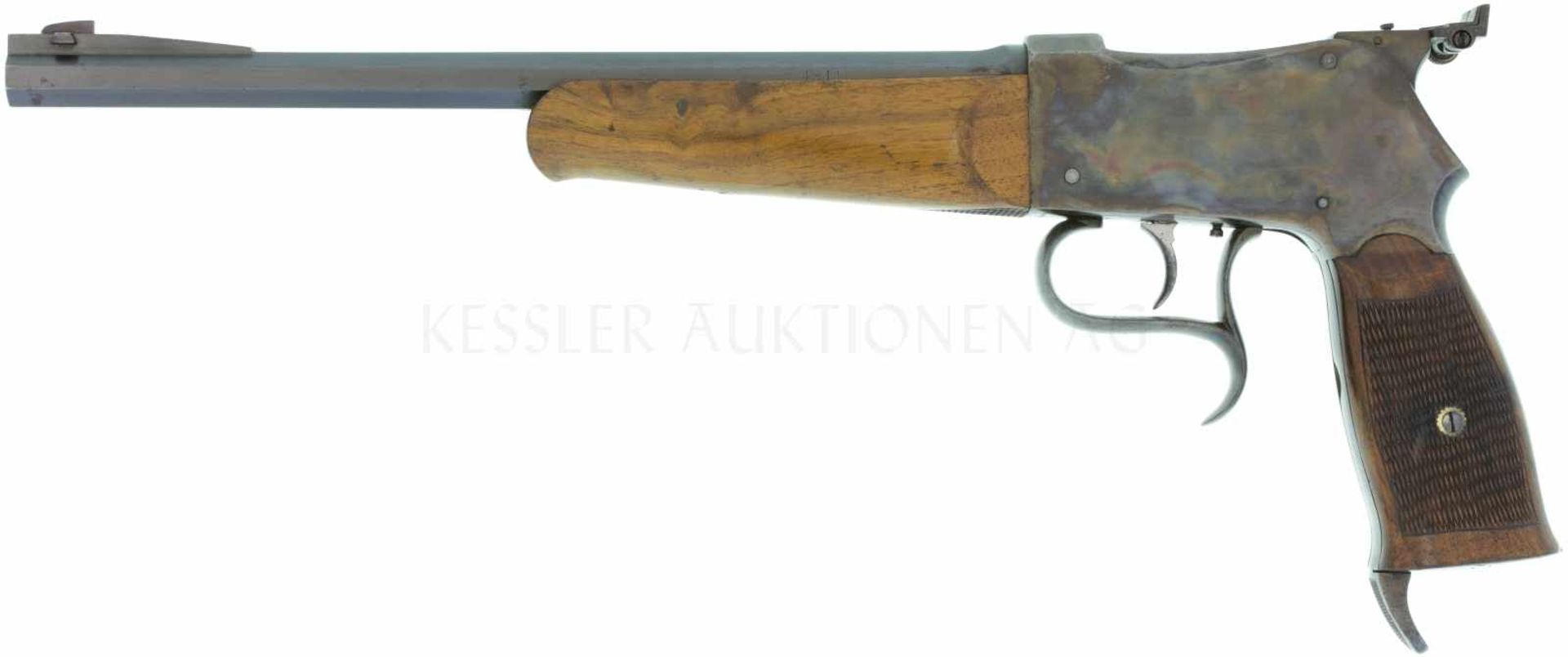 Scheibenpistole, Emil Jun. Enshausen, Kal. 7.65mmP LL 270mm, brünierter Achtkantlauf, Martini