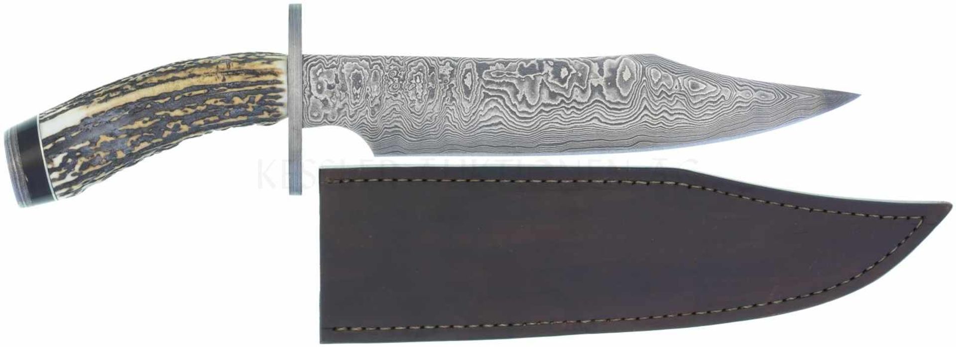 Bowie Damast Sammler-Messer STER KL 242mm, TL 363mm, Rückenklinge mit Fehlschärfe aus Lagendamast,