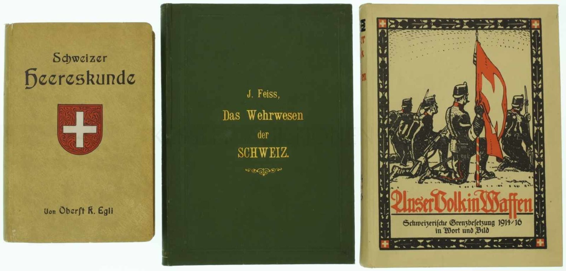 Konvolut von 3 Büchern 1. Das Wehrwesen der Schweiz, von Oberst J.Feiss, 1880. 2. Schweizer