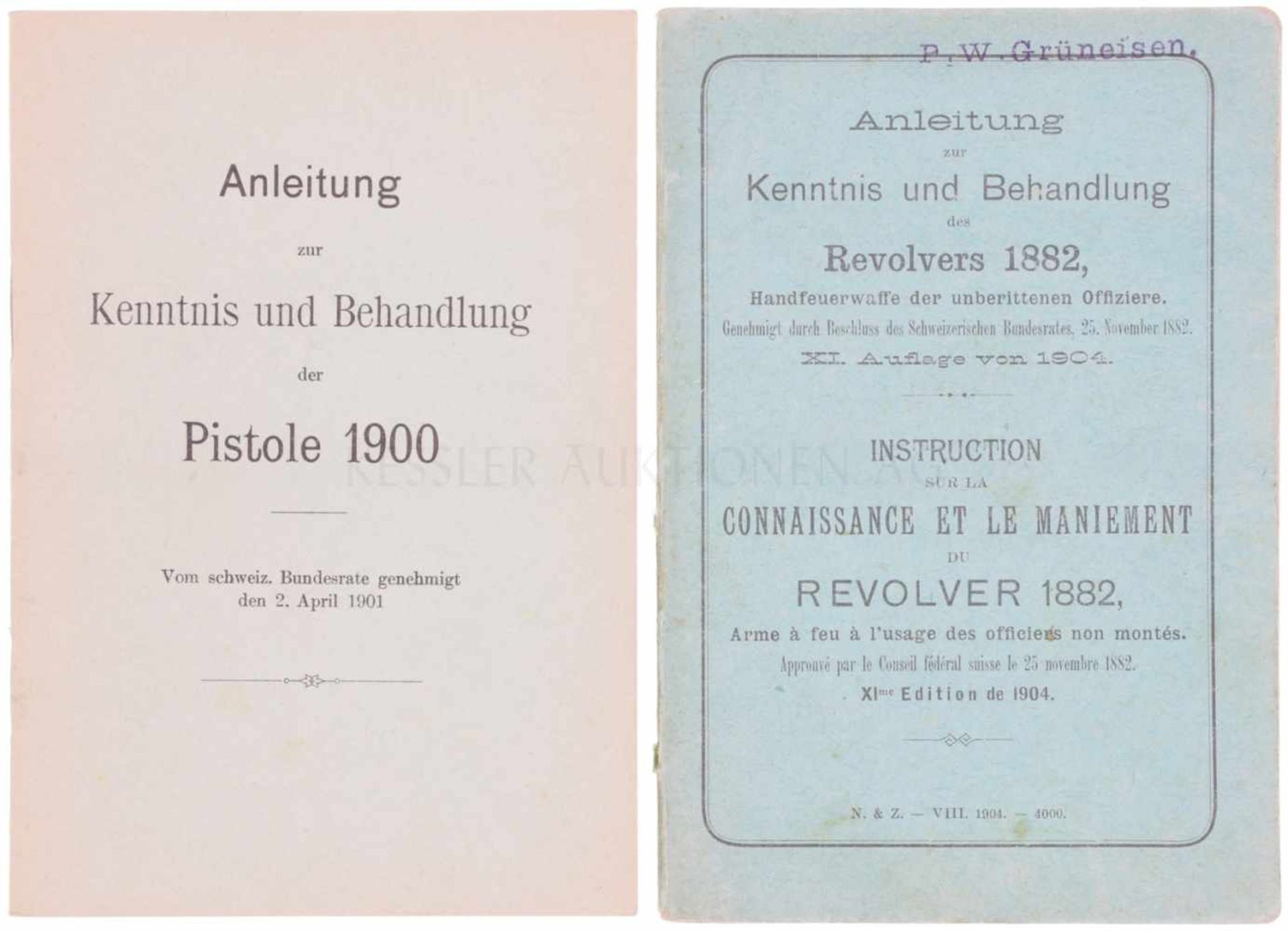 Konvolut von 2 Bedienungsanleitungen zur Pistole 1900 und Revolver 1882 1. Neudruck von 1971 der