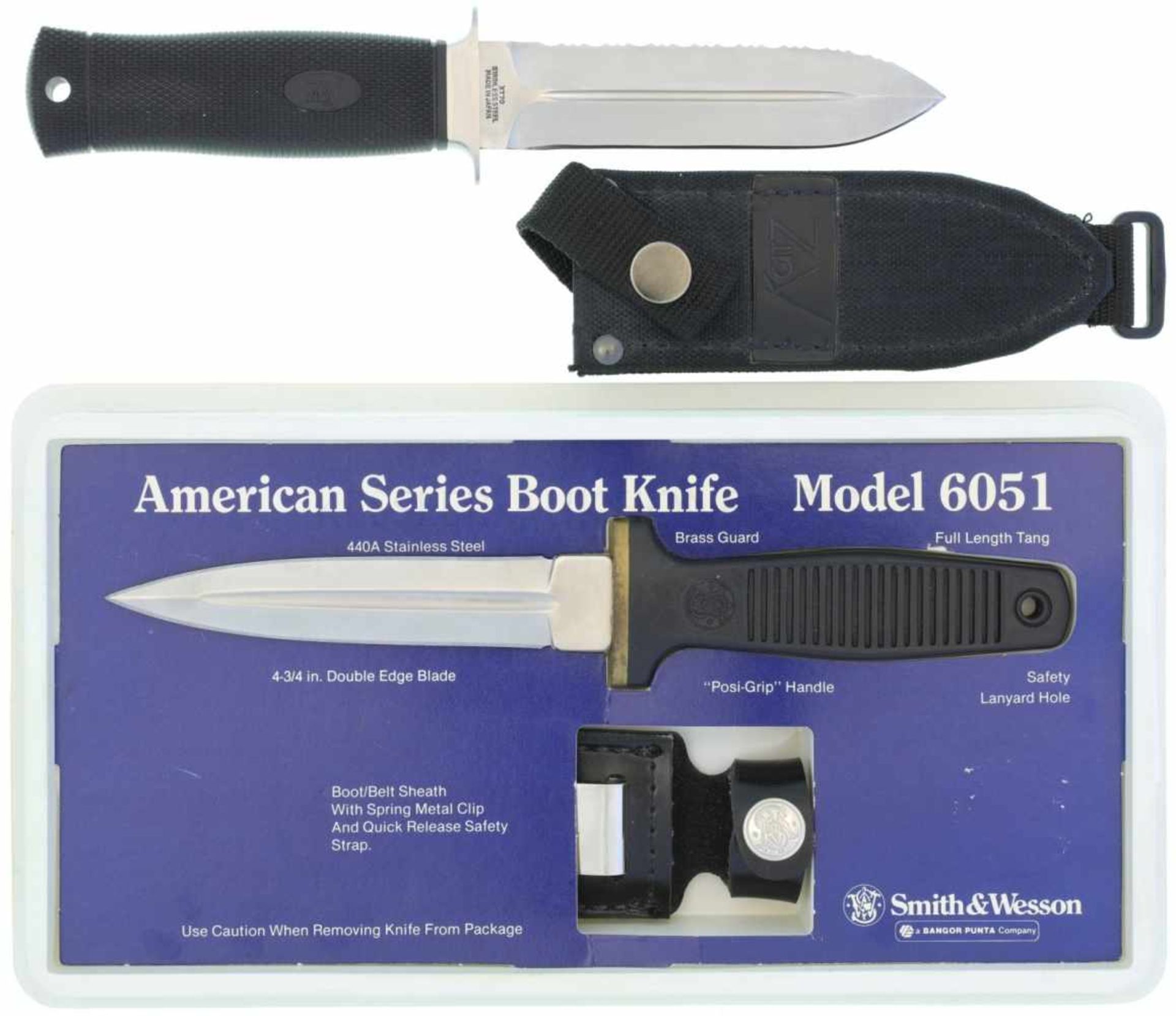 Konvolut von 2 Stiefeldolchen 1. S&W Model 6051 Boot Knife, KL 109mm, TL 234mm, symmetrische