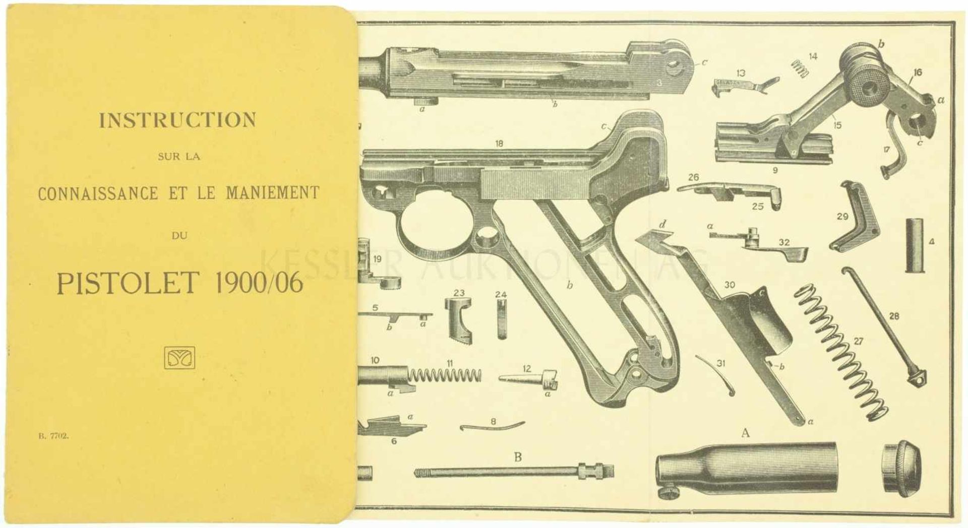 Reglement zur Pistole 1900/06 Parabellum Reglement in französischer Sprache zur genannten Pistole.