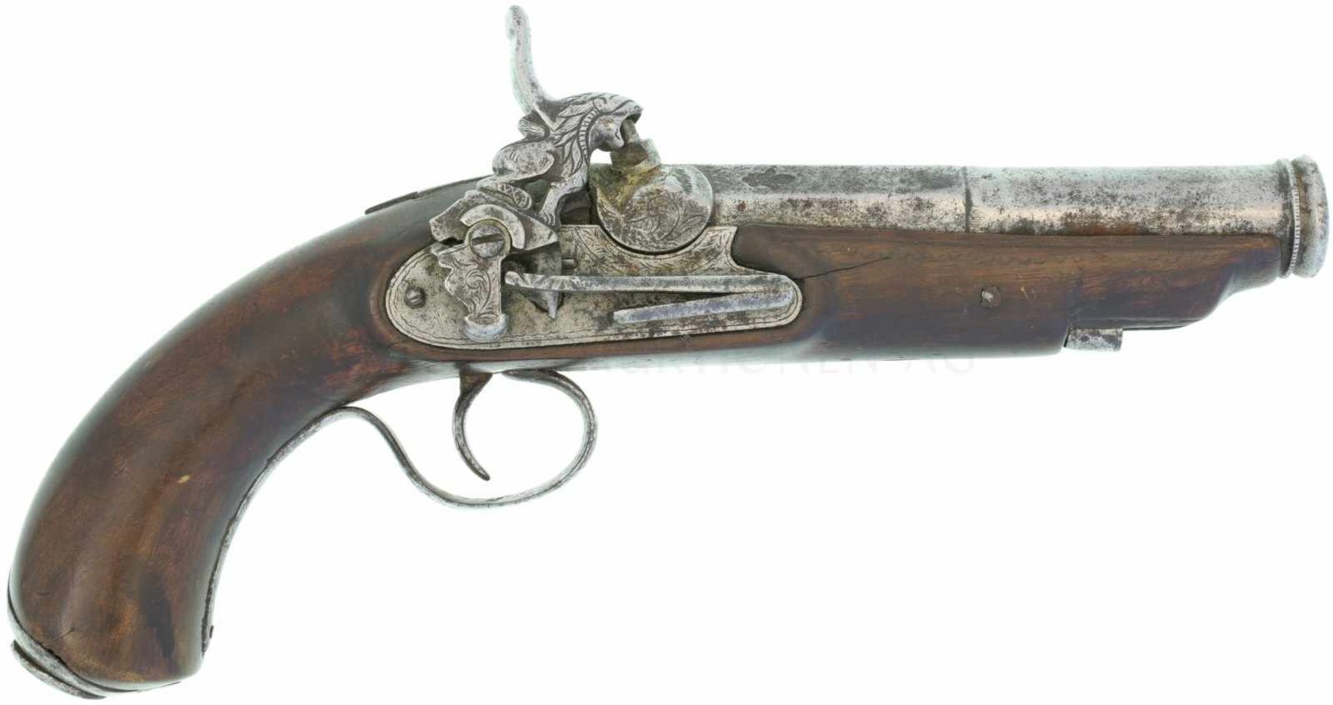 Perkussionspistole mit Miqueletschloss, Spanien, Kal. 16mm LL 138mm, hintere Hälfte des Laufes