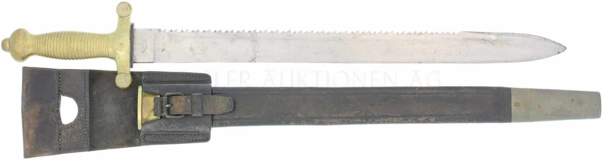 Faschinenmesser 1852 Messinggefäss mit 26 Rillen, Parierstangenknauf mit 4 Rillen. KL 520mm, TL