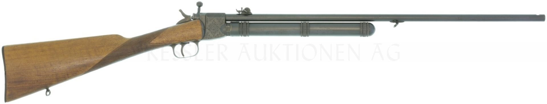 Co2 Luftgewehr "Giffard" Kal. 4.5mm LL 640mm, TL 1060mm, Rundlauf mit Quadrantvisier, Korn fehlt.