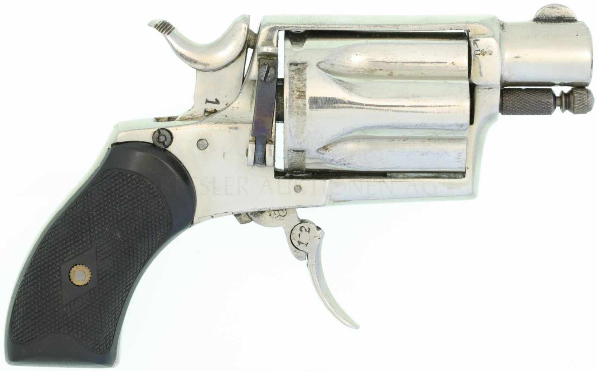 Scheintot-Revolver, deutsch, Kal. 11mm LL 35mm, vernickelte Ganzstahlwaffe, DA Abzug, umklappbar,