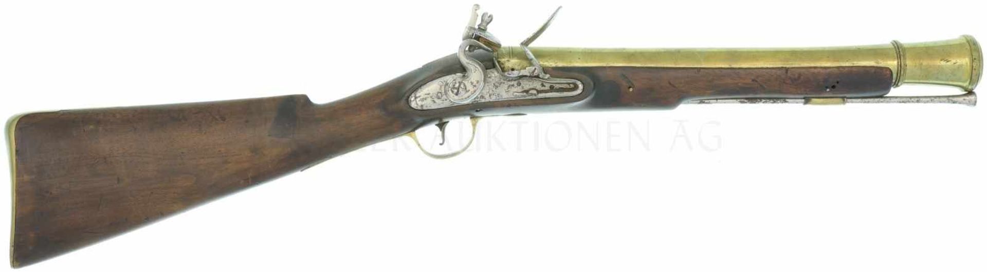 Steinschlosstromblon englische Marine, Blunderbuss, Kal. 17/40mm Schloss mit Schwanenhalshahn.