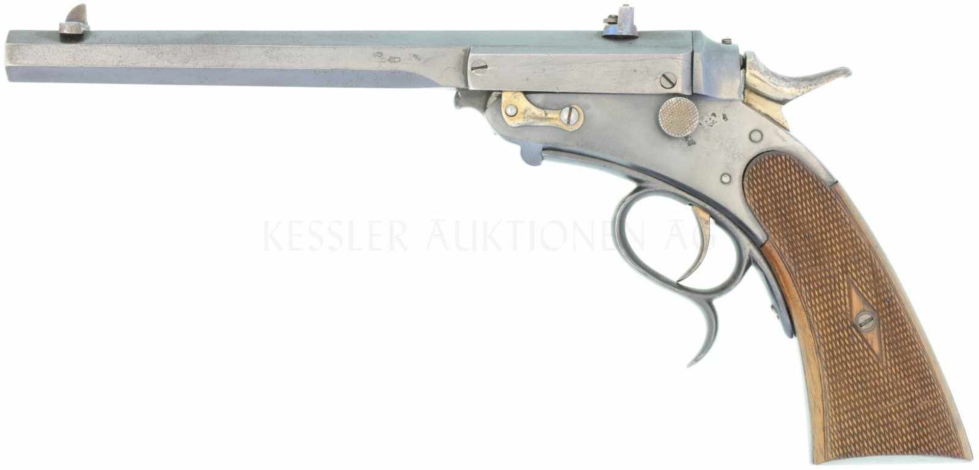 Kipplaufpistole, Scharfenberg, Kal. .22LR LL 210mm, TL 290mm, Waffe aus brüniertem Stahl,