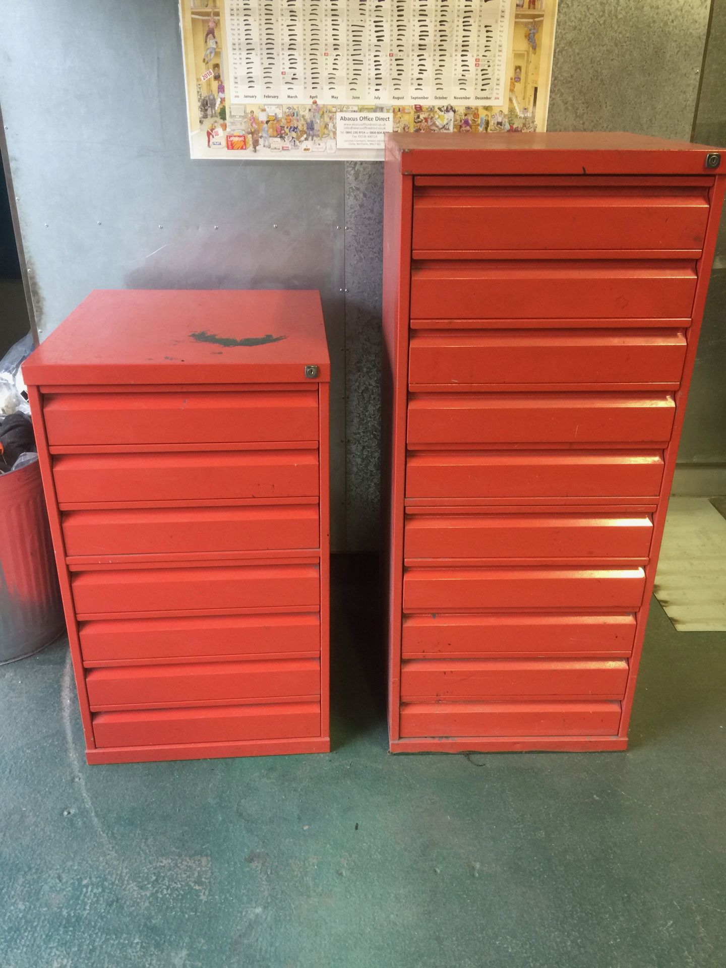 Yellow 10 drawer cabinet, Red 10 drawer cabinet and a red 7 drawer cabinet