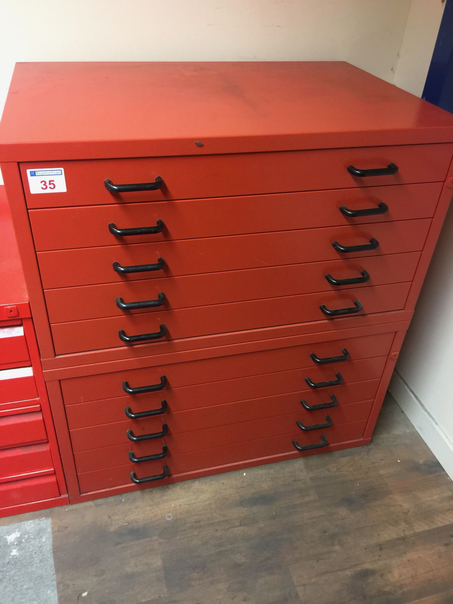 2 x 5 Drawer Plan Chests, red 4 drawer cabinet and 10 drawer multi cabinet