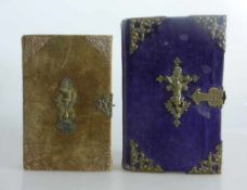 2 Gebetbücher 19.Jh., Samteinband mit Messingapplikationen, "Geistliche Rose" Augsburg1857 u. "