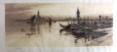 Unbekannter Künstler, Lithografie mit Ansicht von Venedig, li.u. unleserlich sign., u.Glas