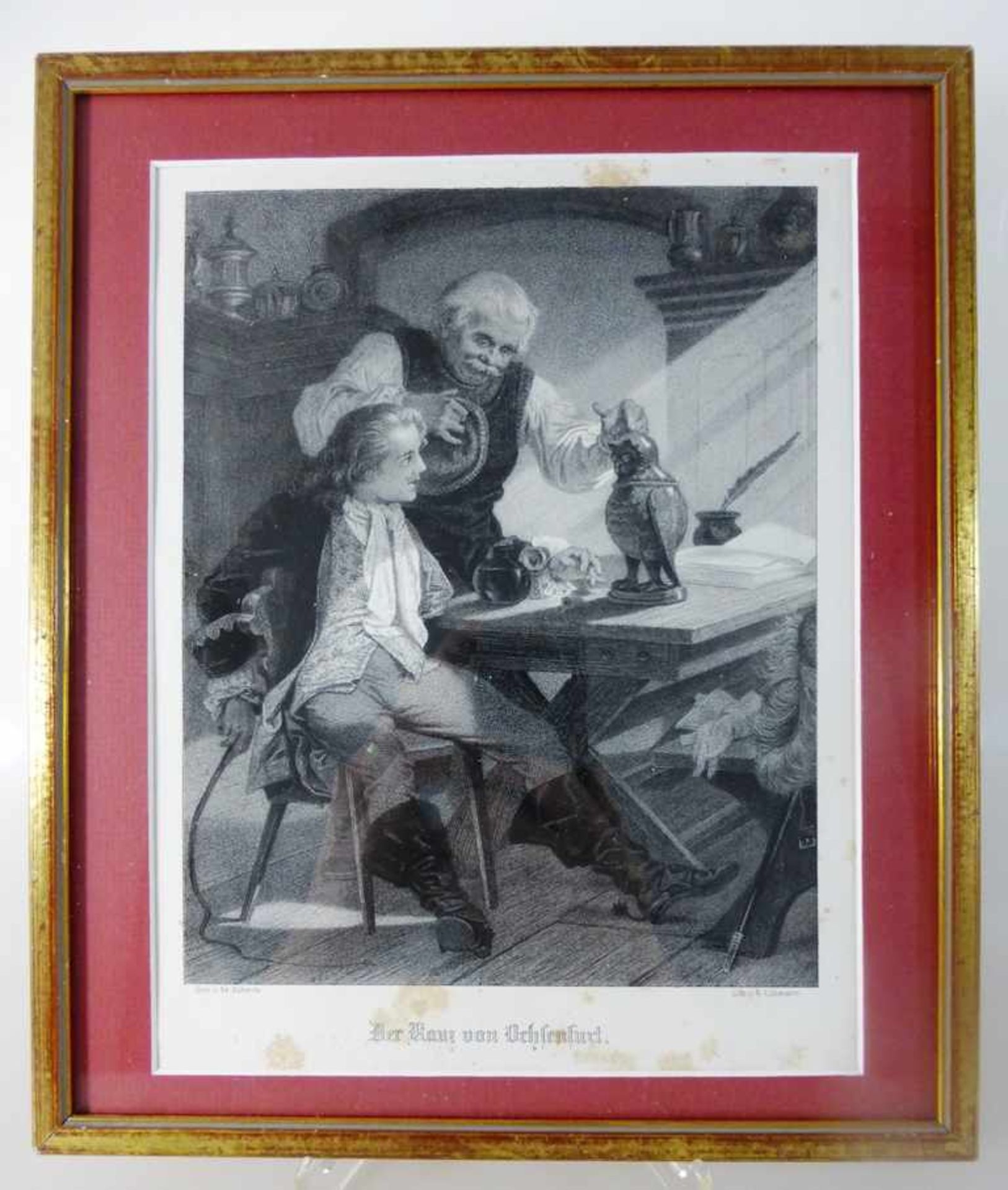 Lithografie "Der Kauz von Ochsenfurt", A. Lüttmann, fleckig, u.PP i.R. 28cm x 24cm