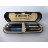 Schreibset Pelikan, Füller / Kugelschreiber / Bleistift, blau marmoriert, im Etui,neuwertiger