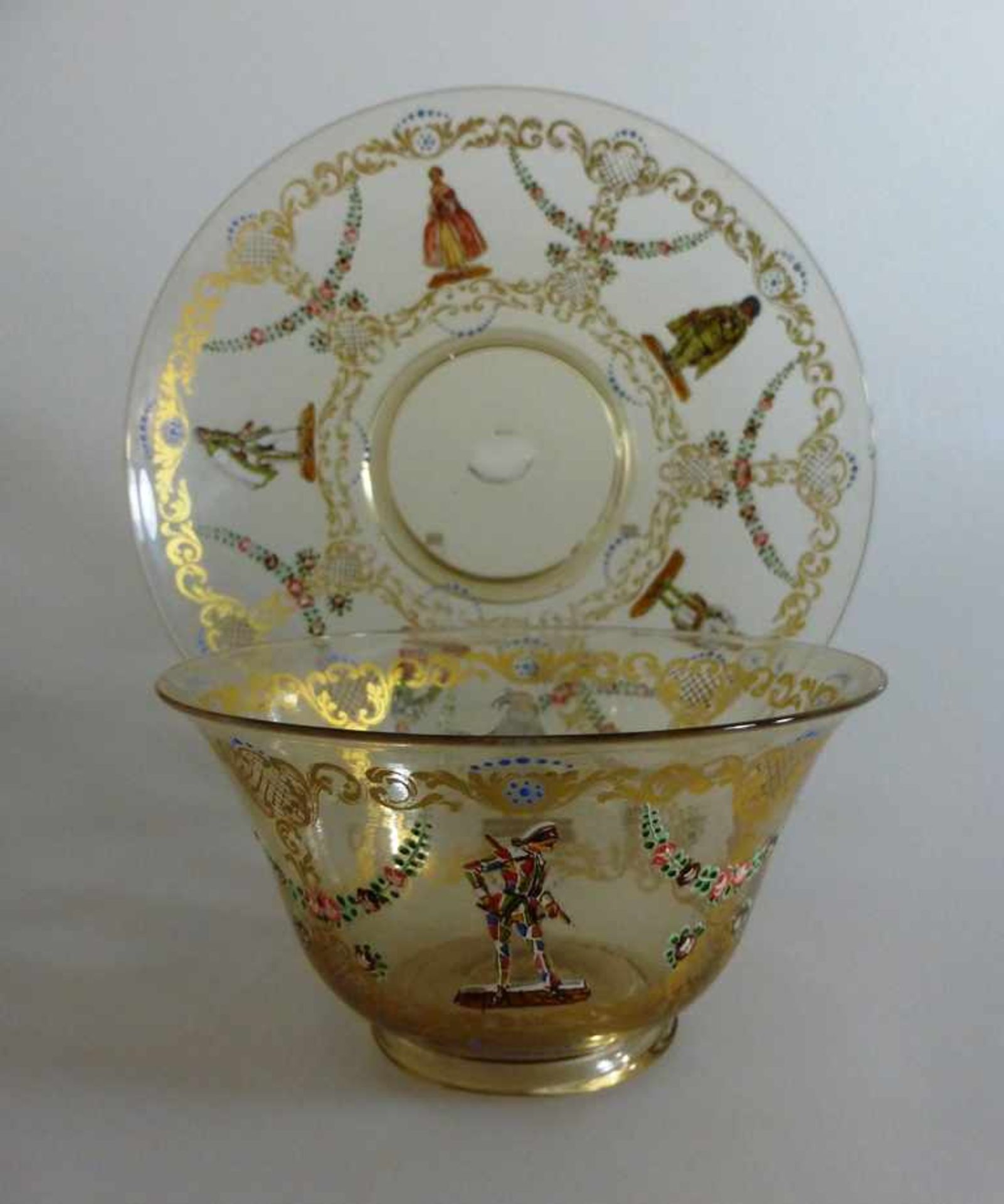 Glaszierschale mit Unterteller, wohl Lobmeyer / Wien, Dekor wohl "Bunt Rococo", farblosesGlas mit