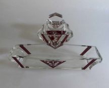 Art Deco Glasschale (22cm x 8cm) und Deckeldose, Deckel gechipt, Schliffdekor