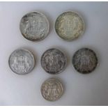 Kaiserreich - Freie Hansestadt Hamburg, 6 Silbermünzen, 2 Mark 1903, 3 Mark1908/1909/1911, 5 Mark
