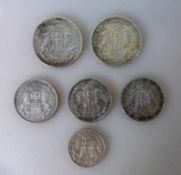 Kaiserreich - Freie Hansestadt Hamburg, 6 Silbermünzen, 2 Mark 1903, 3 Mark1908/1909/1911, 5 Mark