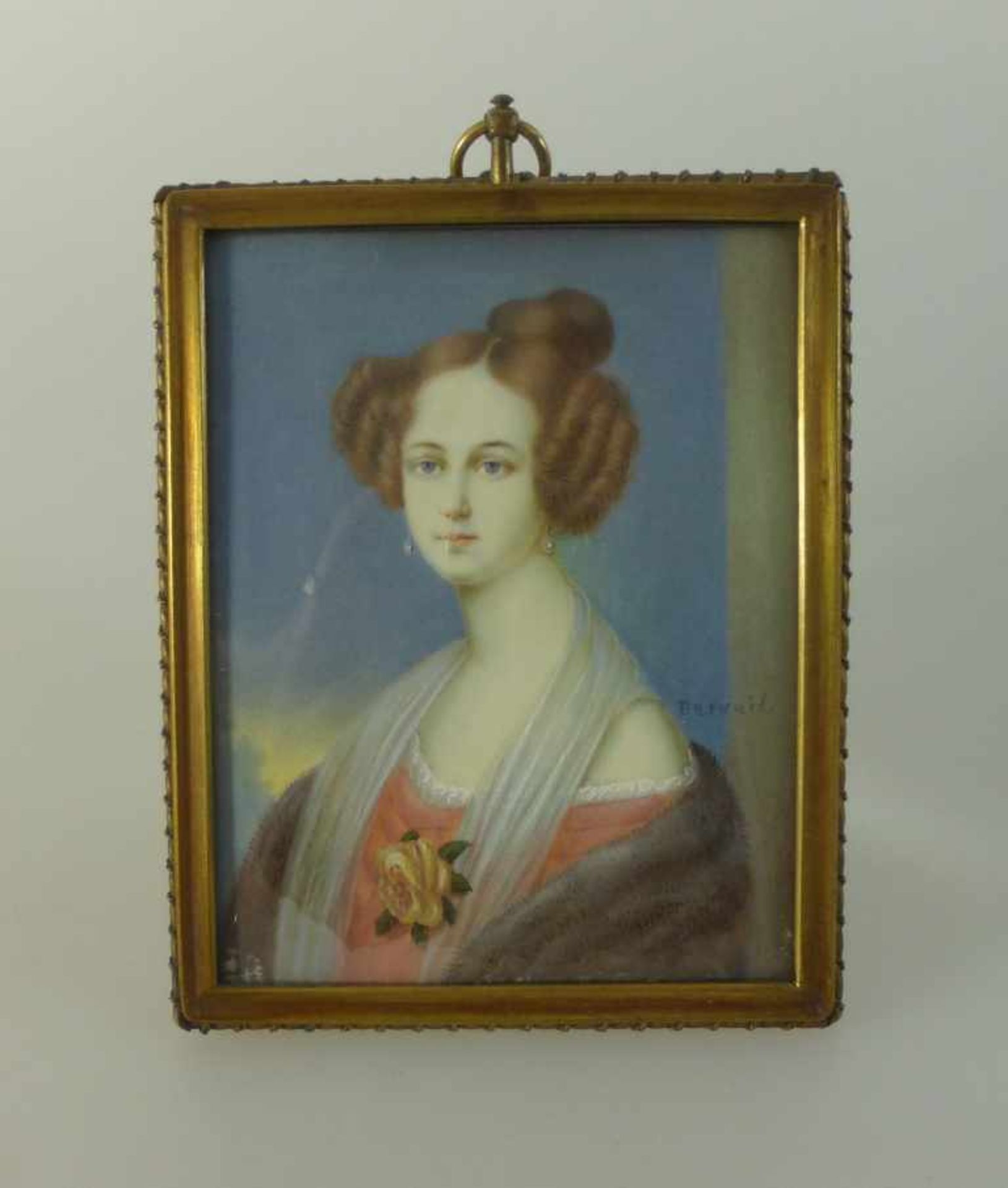 Miniatur, Frankreich 1.H.19.Jh., vornehme Dame im roten Kleid mit weißer Stola, sign.Dervail, im
